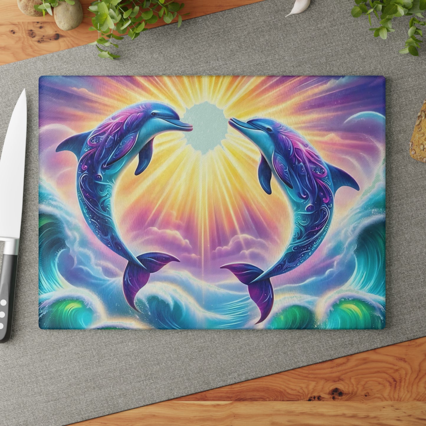 Personalized Dolphin Glass Cutting Board – Vibrant Ocean Decor, Custom Beach House Gift, Marine Life Charcuterie Board