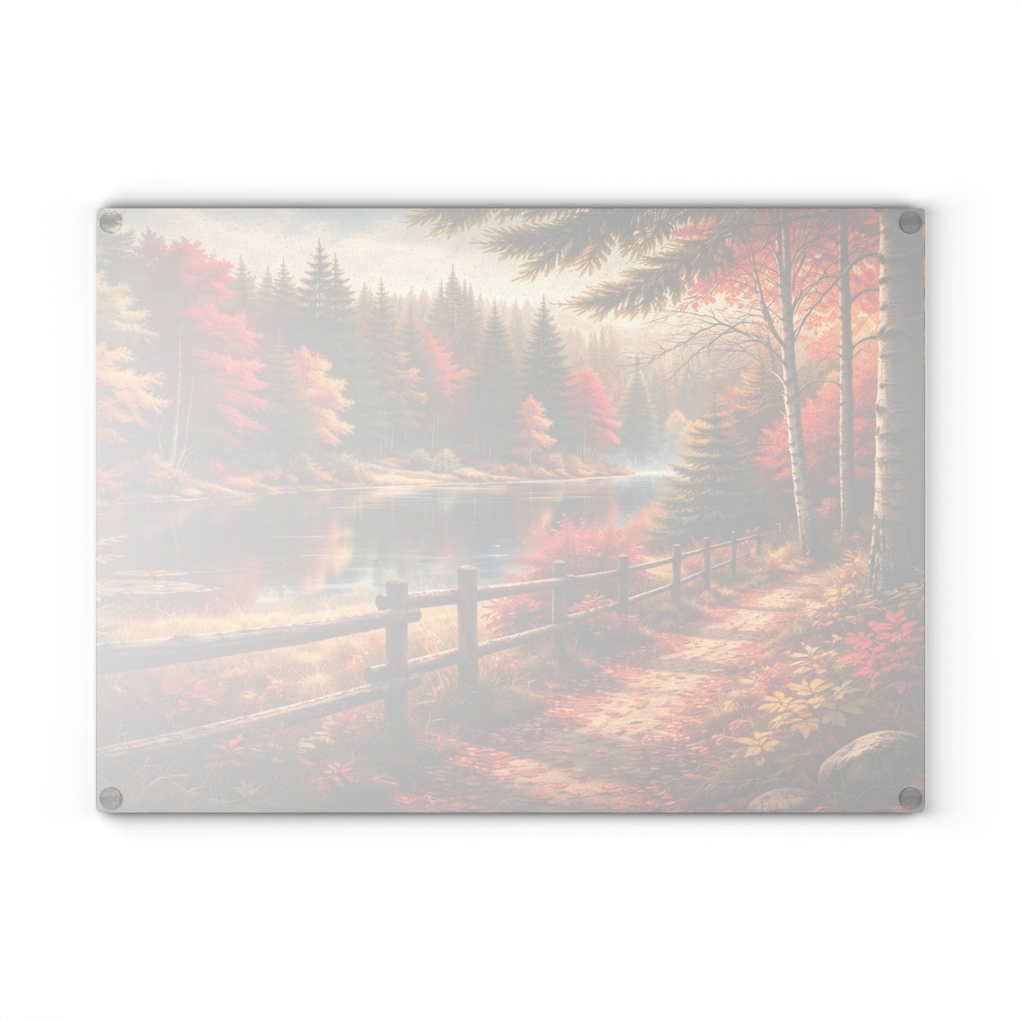Autumn Lakeside Path Glass Cutting Board – Rustic Fall Forest Lake Kitchen Art