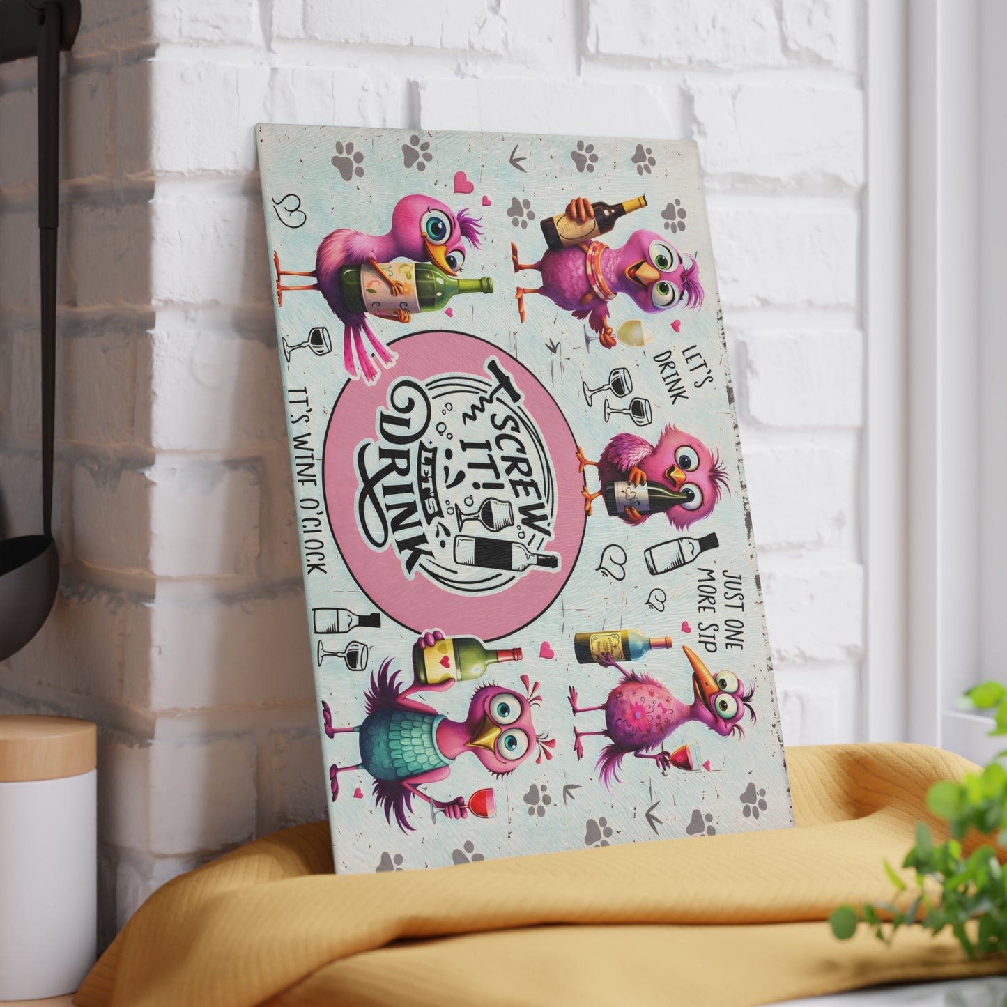 Funny Bird Wine Quote Glass Cutting Board – Whimsical Drinking Humor Kitchen Decor