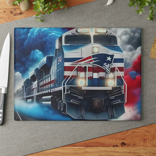 Tabla de cortar de vidrio Express en azul marino, rojo y plateado: arte clásico de trenes para cocinas patrióticas y refinadas