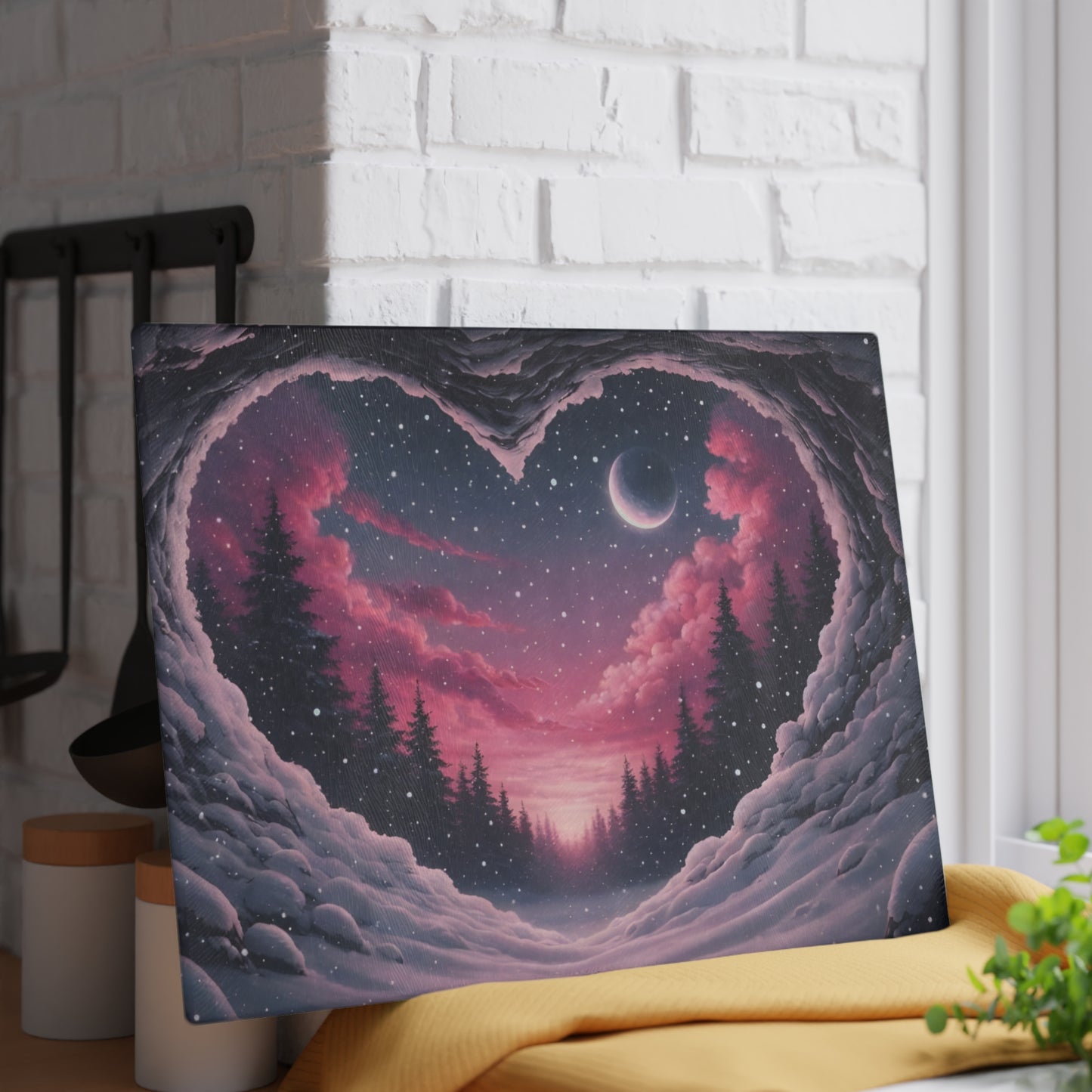 Winter Heartscape Glass Cutting Board – Dreamy Snowy Landscape Kitchen Display