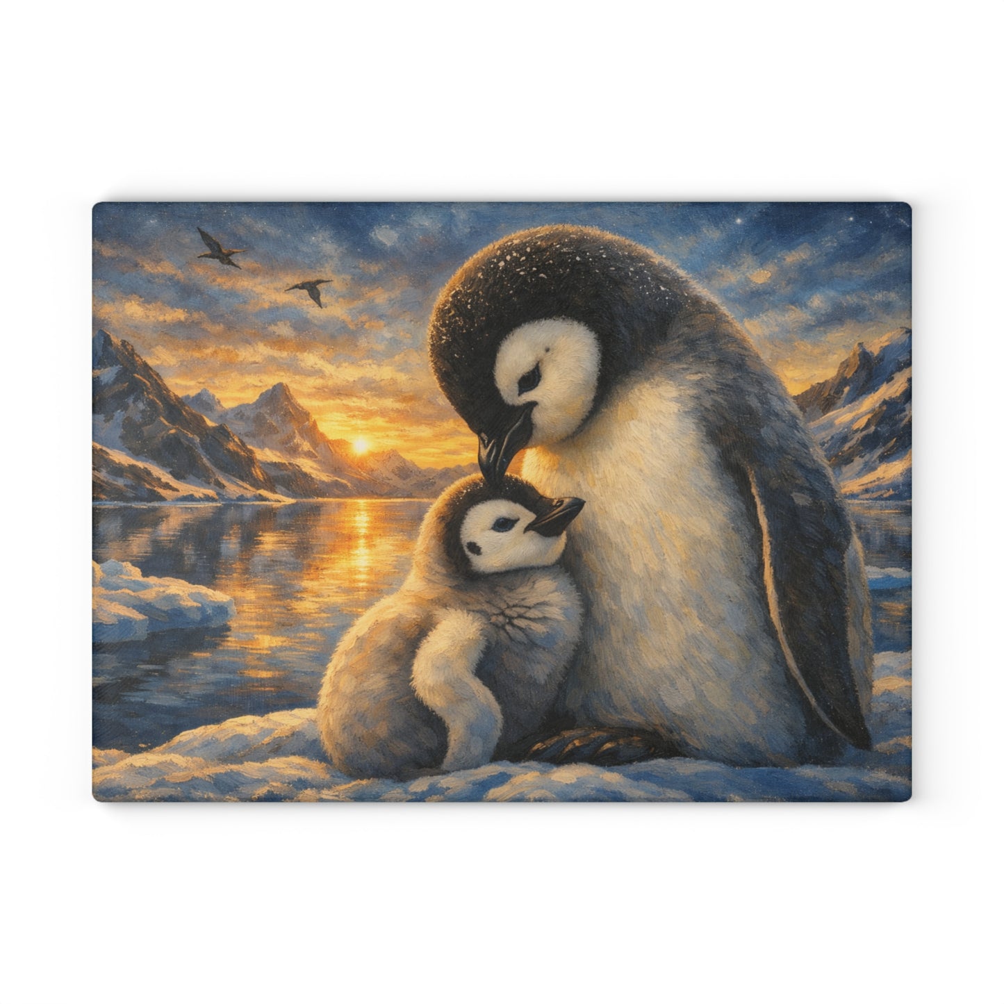 Penguins at Golden Arctic Sunset Glass Cutting Board – Mother and Baby Wildlife Artwork