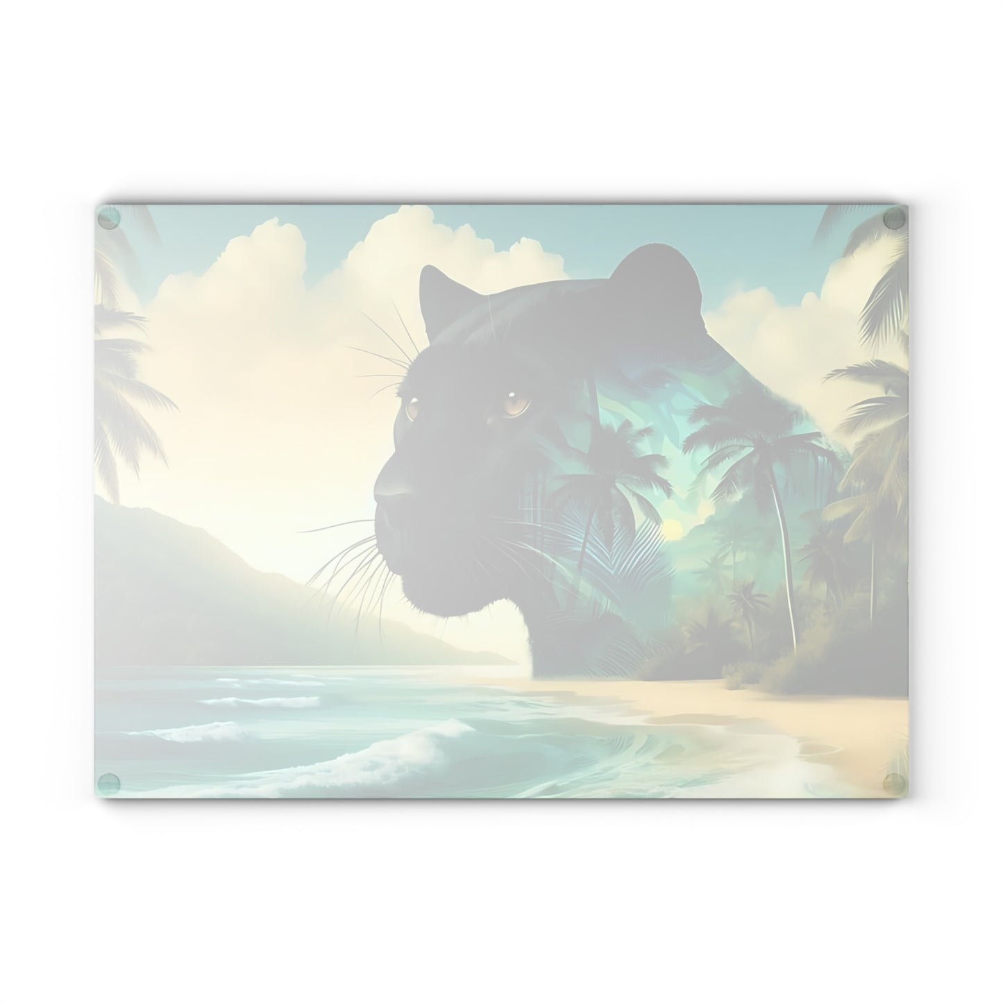Tabla de cortar de vidrio con diseño de Pantera Negra y puesta de sol en la playa: decoración de cocina con un gato de la jungla místico
