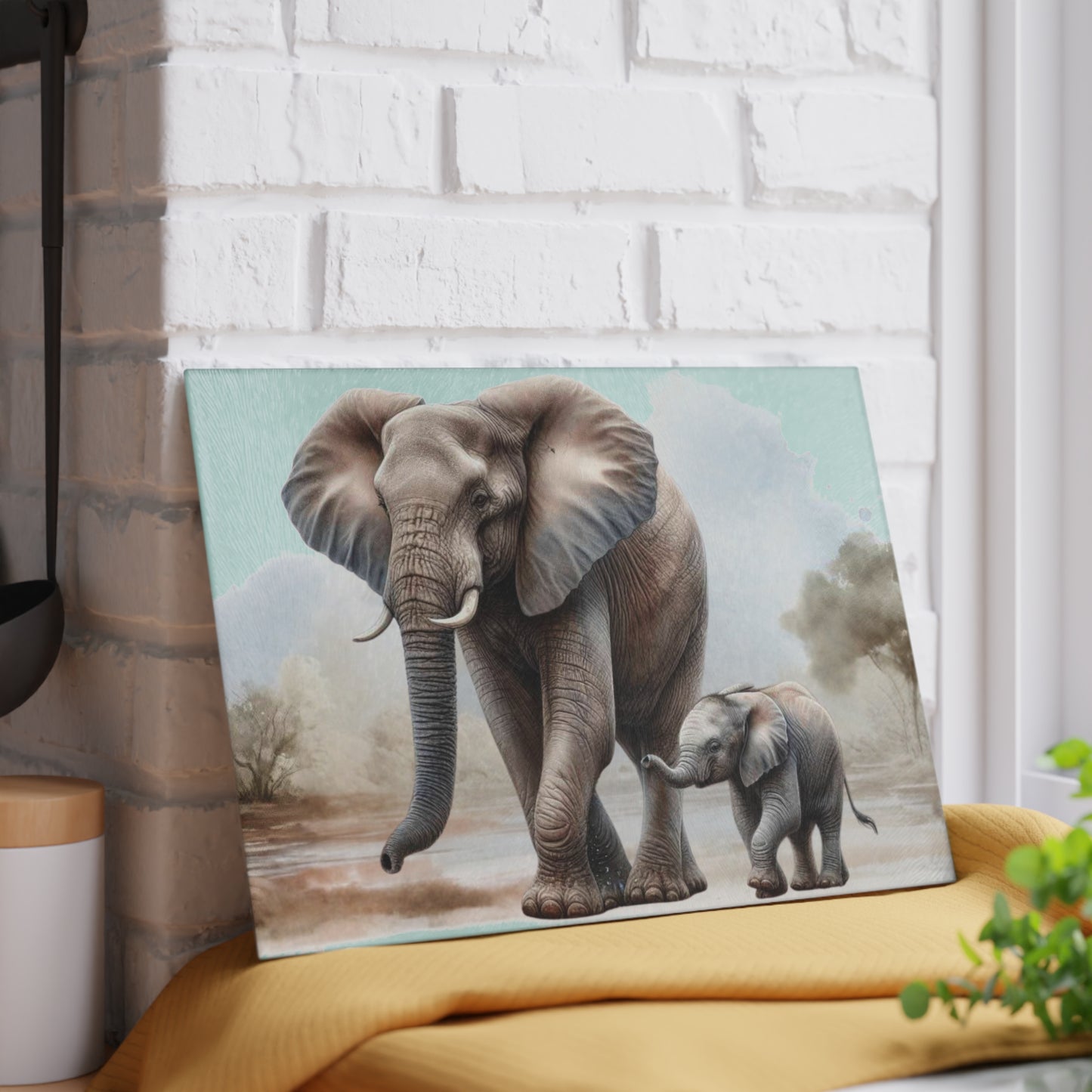 Mama Elephant and baby tempered glass cutting board