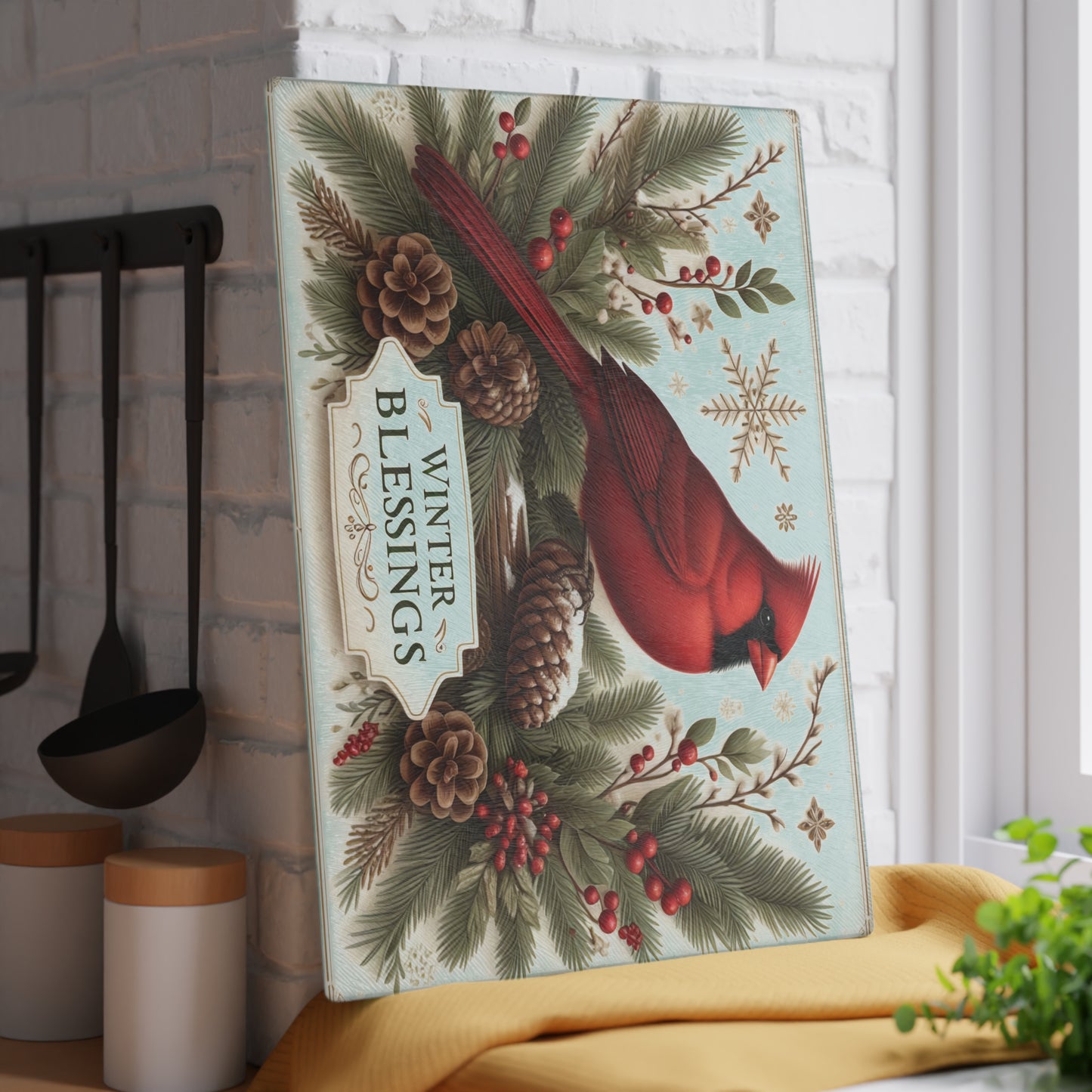 🕊️❄️ Winter Blessings Cardinal Cutting Board – Elegant Holiday Charm for Your Kitchen ❄️🕊️