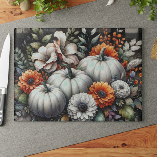 🎃 White Pumpkin & Floral Cutting Board – Rustic Elegance Meets Autumn Charm