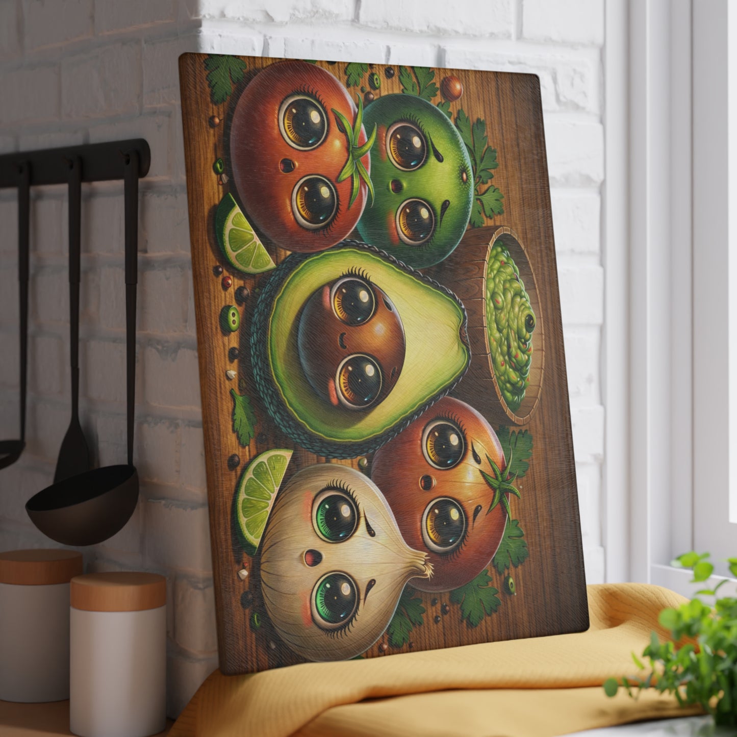 Cute Avocado & Veggie Glass Cutting Board – Whimsical Kitchen Art with Guacamole Charm