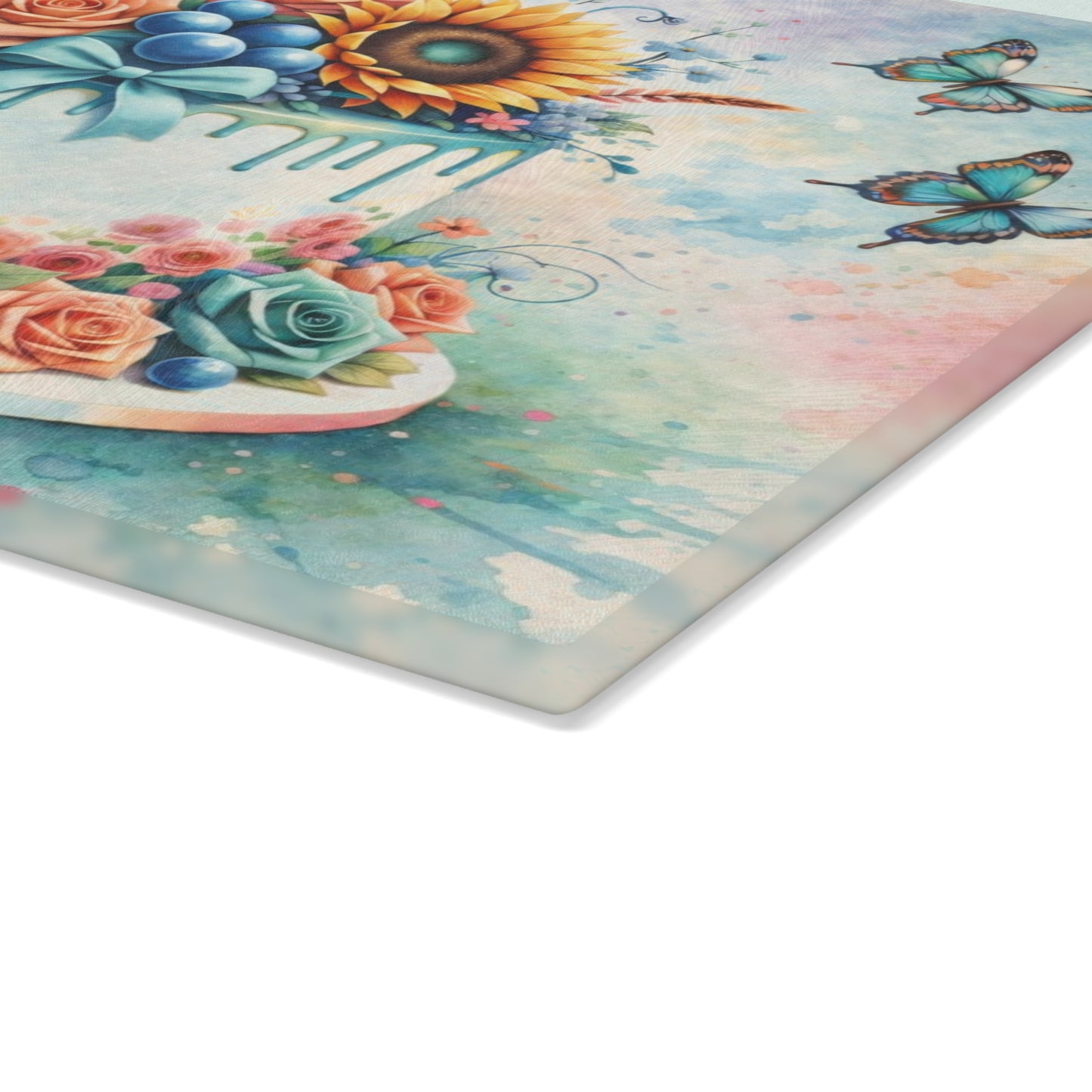 Floral Celebration Cake Glass Cutting Board – Elegant Dessert Kitchen Decor
