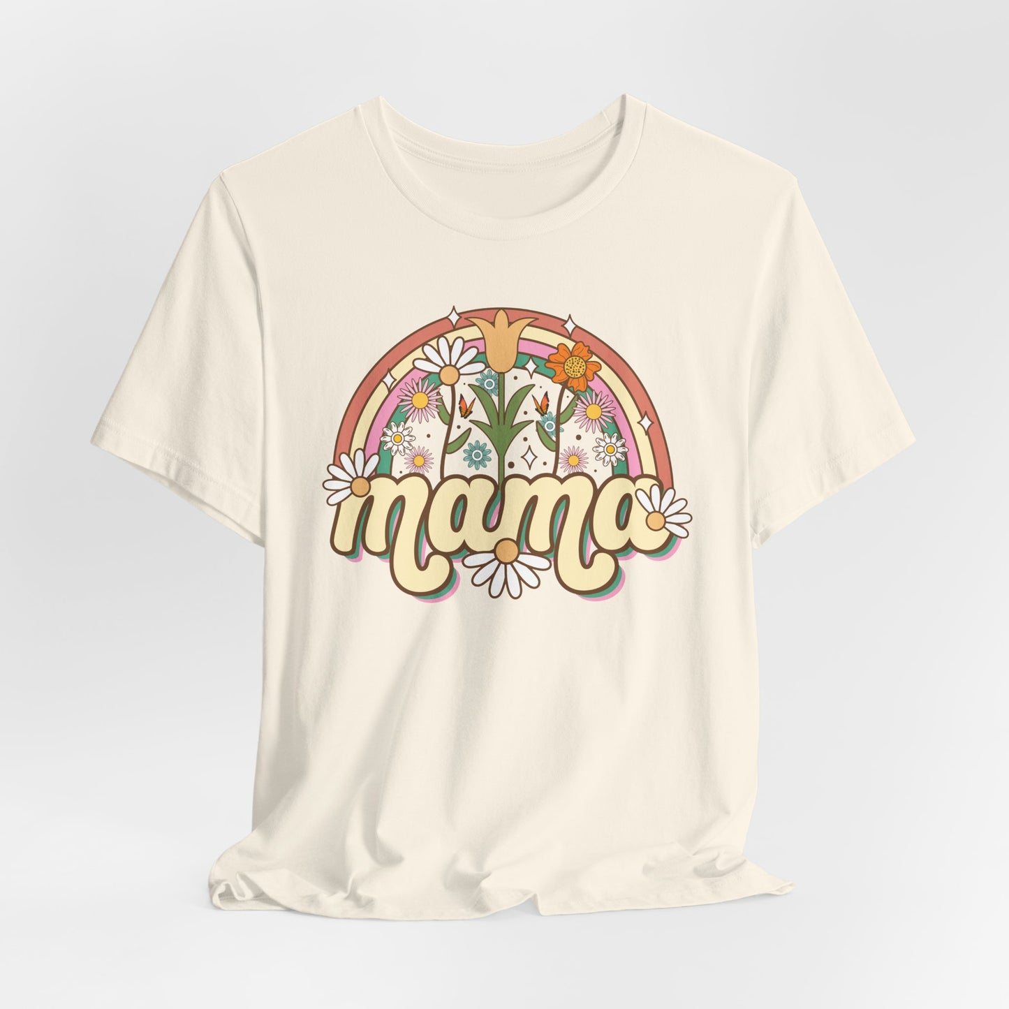 🌼🌈 Retro Floral Mama T-Shirt – Boho Rainbow Graphic Tee for Moms 🌻✨