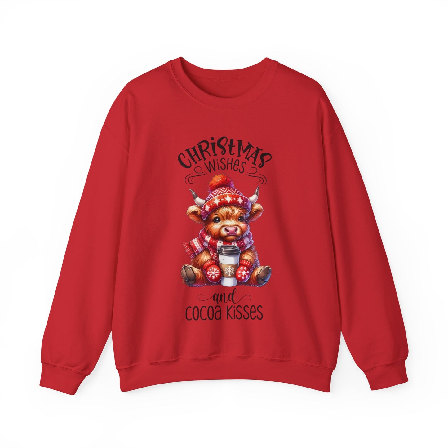 🎄☕🐮 Christmas Wishes and Cocoa Kisses Sweatshirt – Cozy Highland Cow Holiday Sweater ❄️❤️