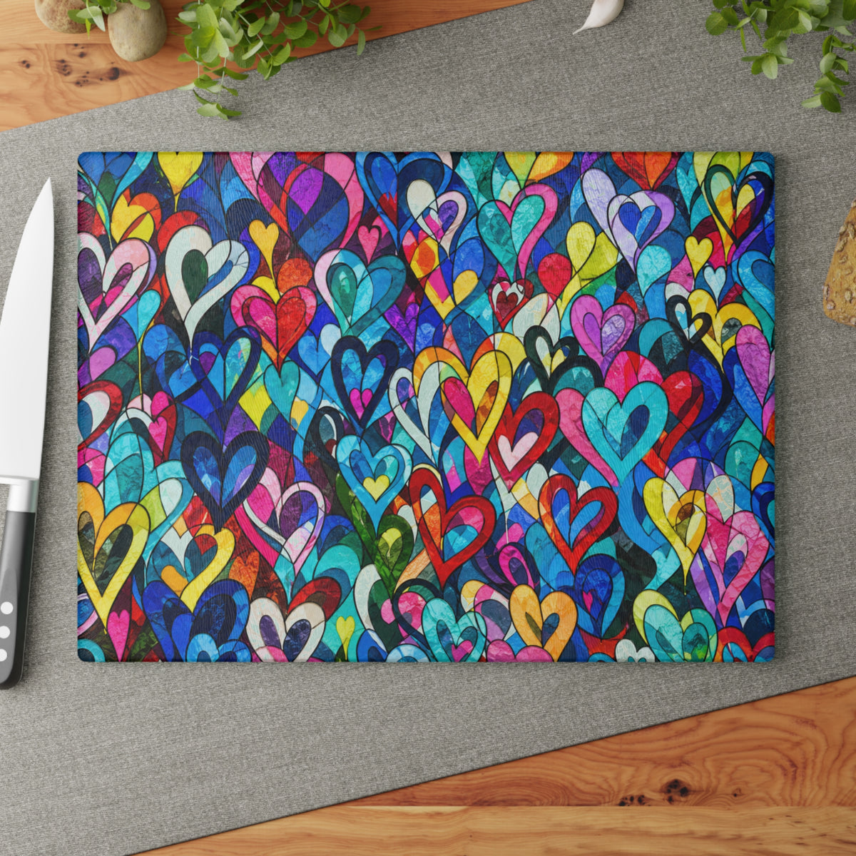 Colorful Hearts Stained-Glass-Inspired Glass Cutting Board – Rainbow Love Kitchen Decor