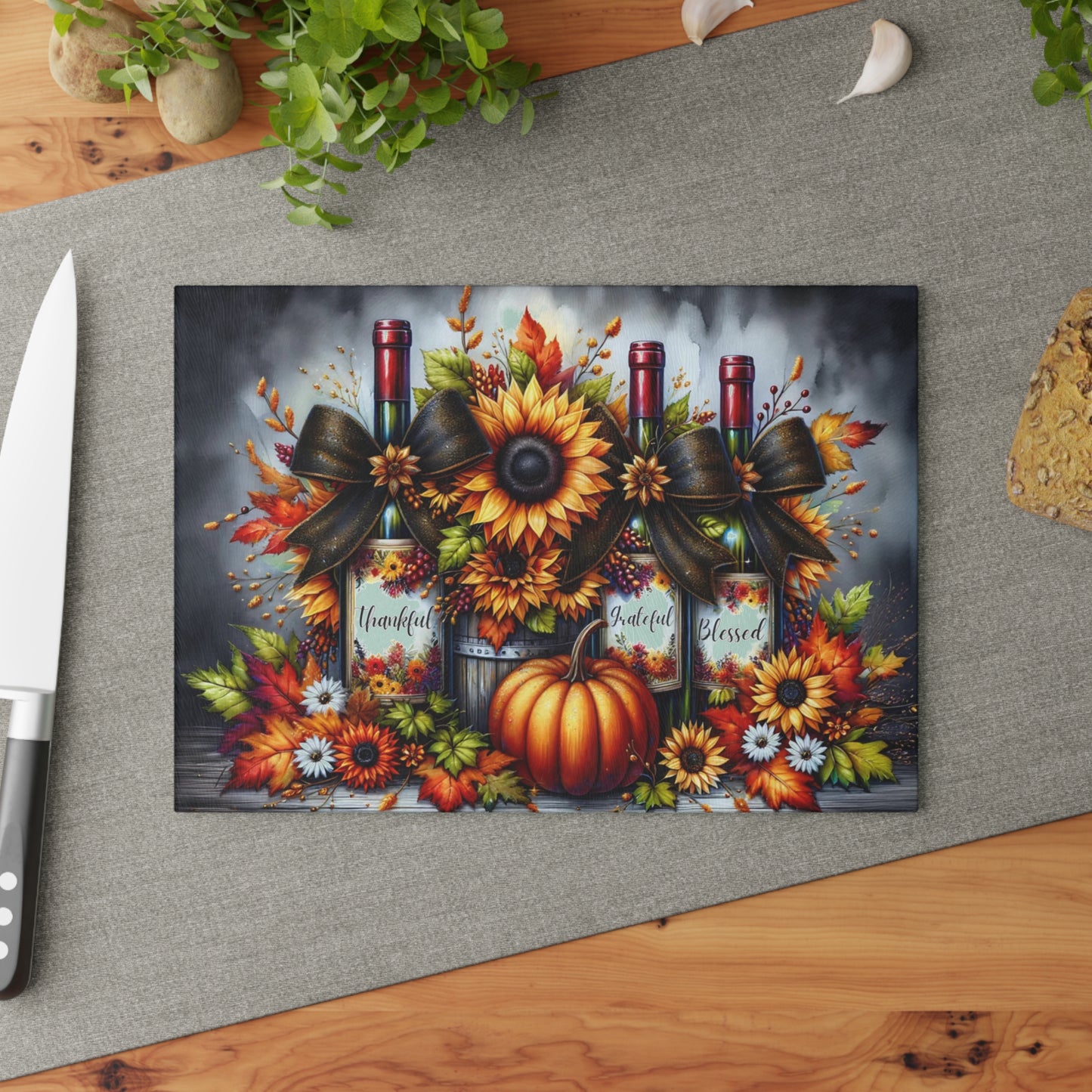🍂🍷 “Thankful • Grateful • Blessed” Sunflower Wine Trio – Glass Cutting Board