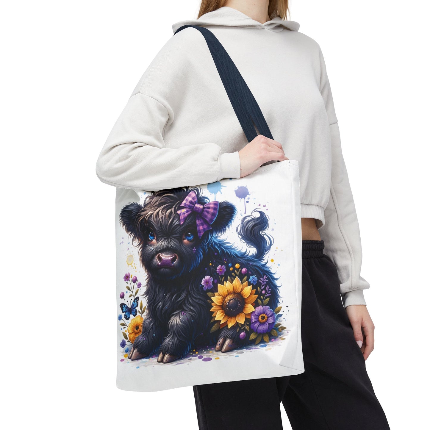 💜 Purple Bow Black Highland Calf Tote Bag – Country Charm with a Pop of Color 🐮👜