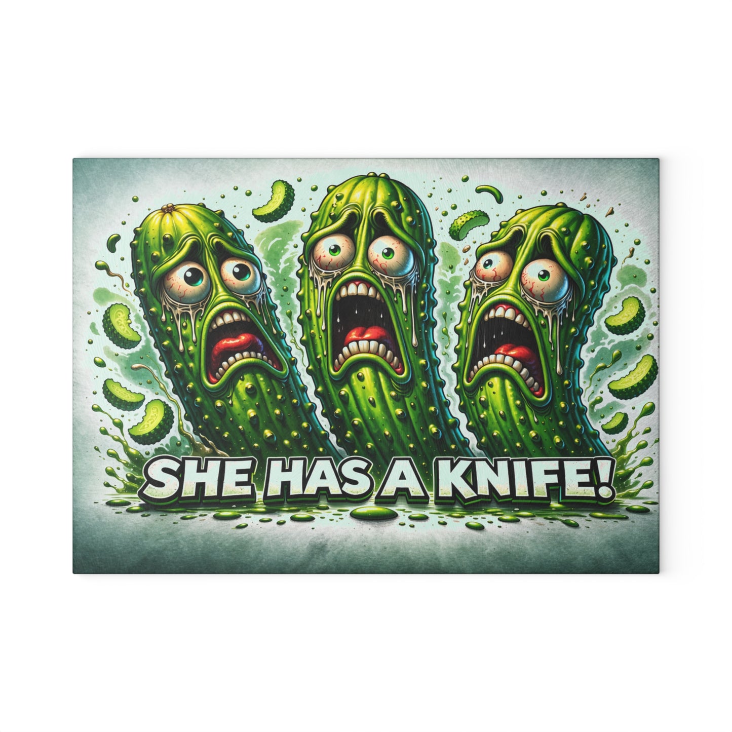 She Has a Knife! Glass Cutting Board – Pickle Panic Funny Kitchen Decor