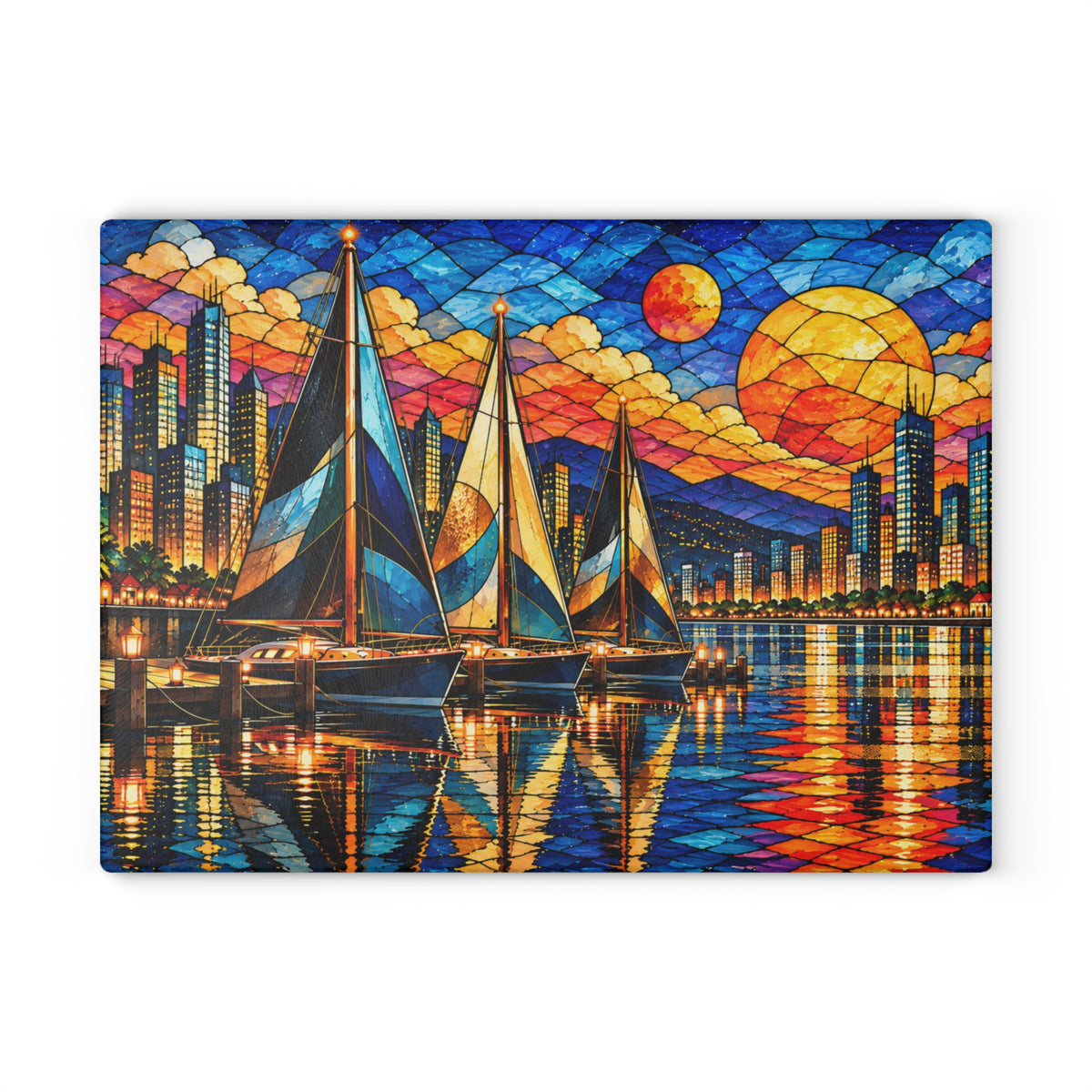 Stained-Glass-Inspired Sailboat Sunset Cutting Board – Colorful City Skyline, Glowing Marina, Golden Sunset & Nautical Kitchen Décor