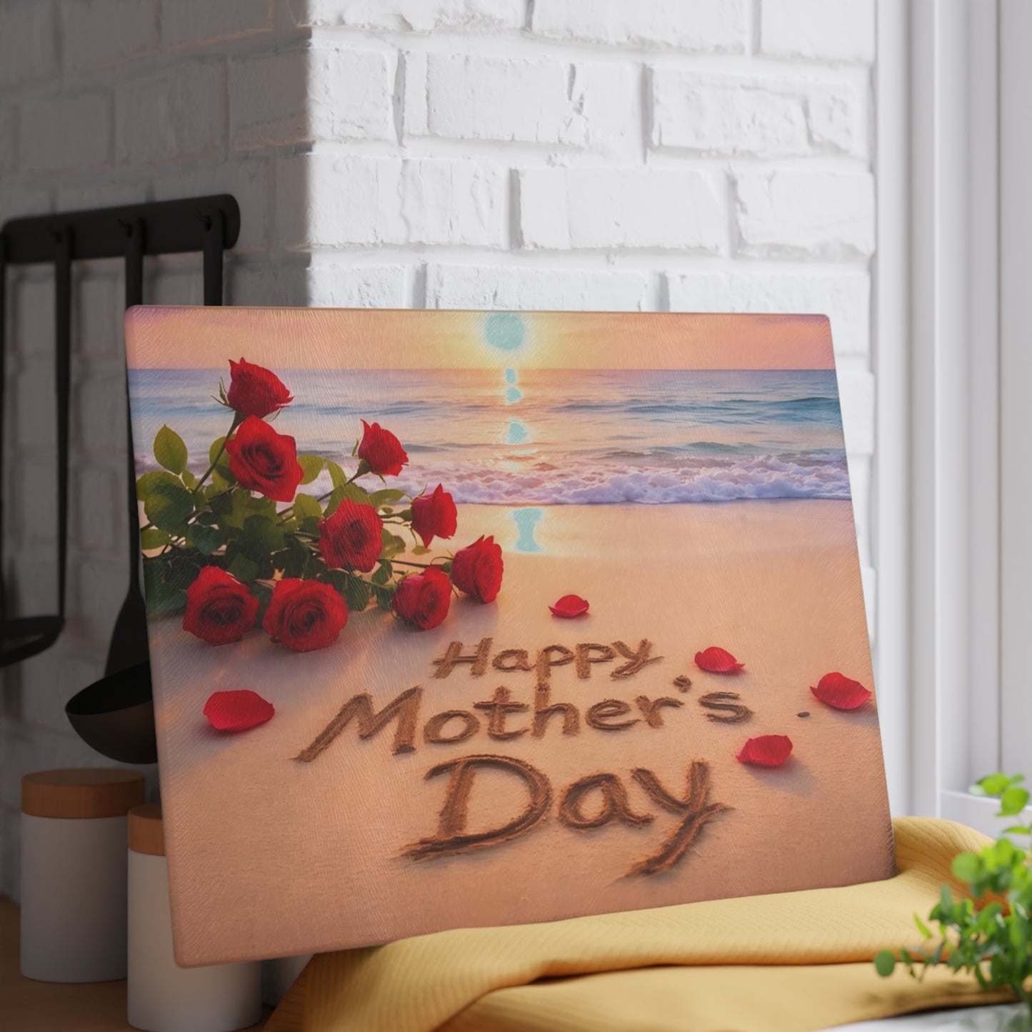 Mother’s Day Beach Scene Glass Cutting Board – Coastal Elegance with Heartfelt Charm