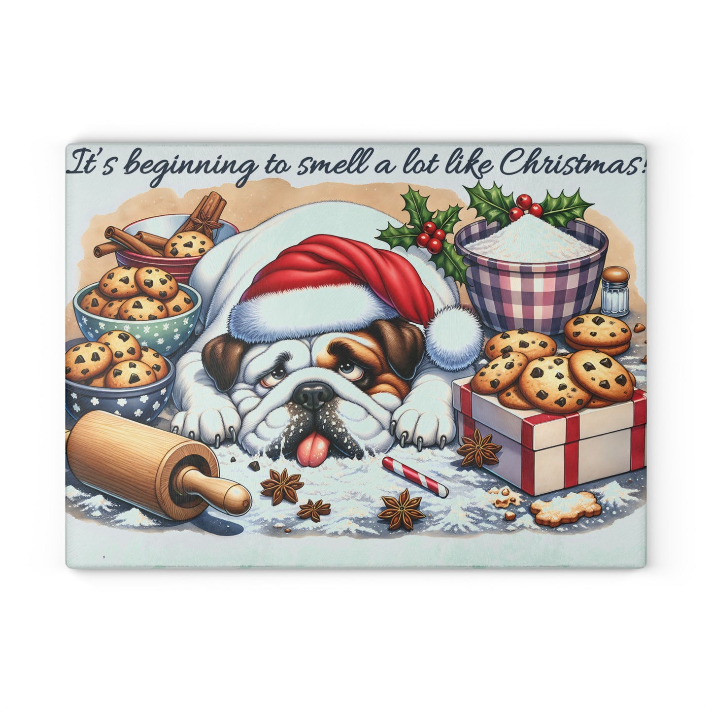 🐶🎄 “It’s Beginning to Smell a Lot Like Christmas” Bulldog Cutting Board – Festive Kitchen Cheer