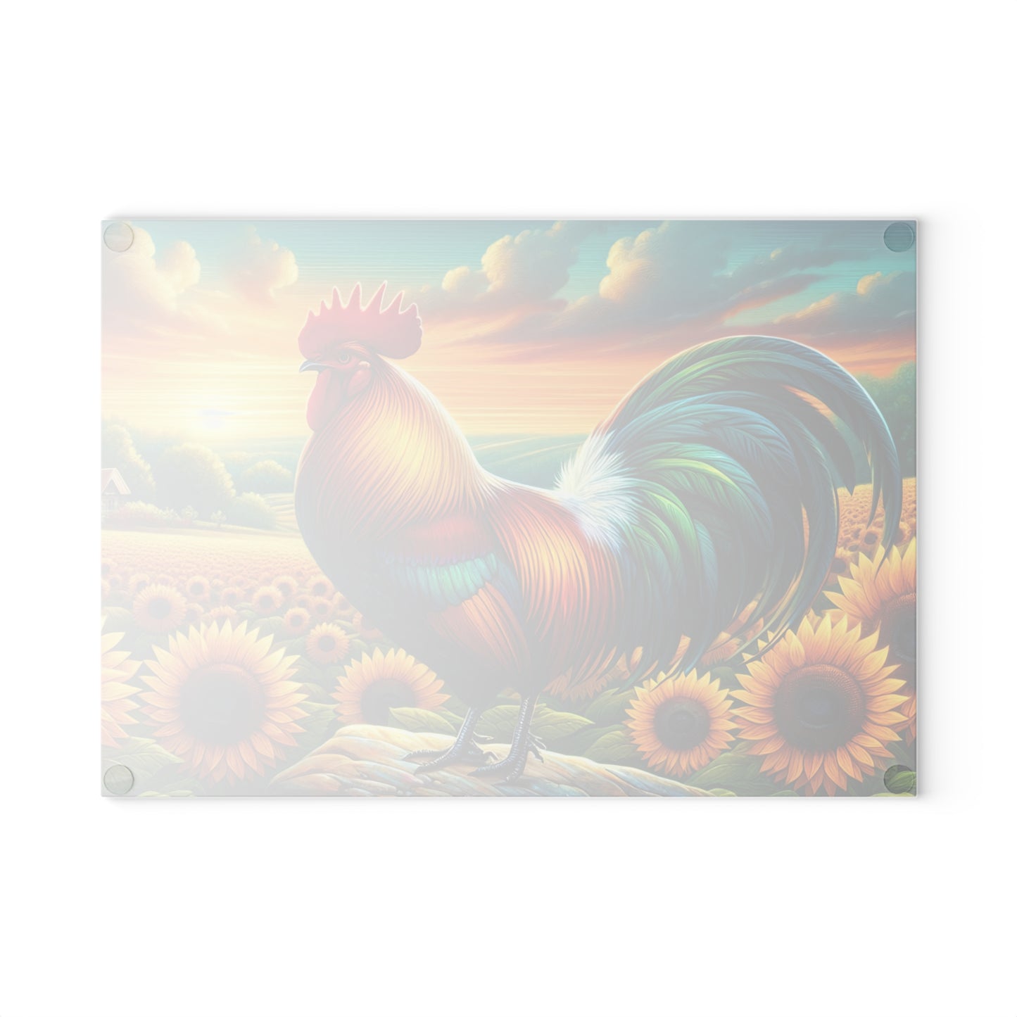 🐓🌻 Rooster on a Rock Glass Cutting Board – Bold Barnyard Charm in a Sunflower Field 🌾🌞