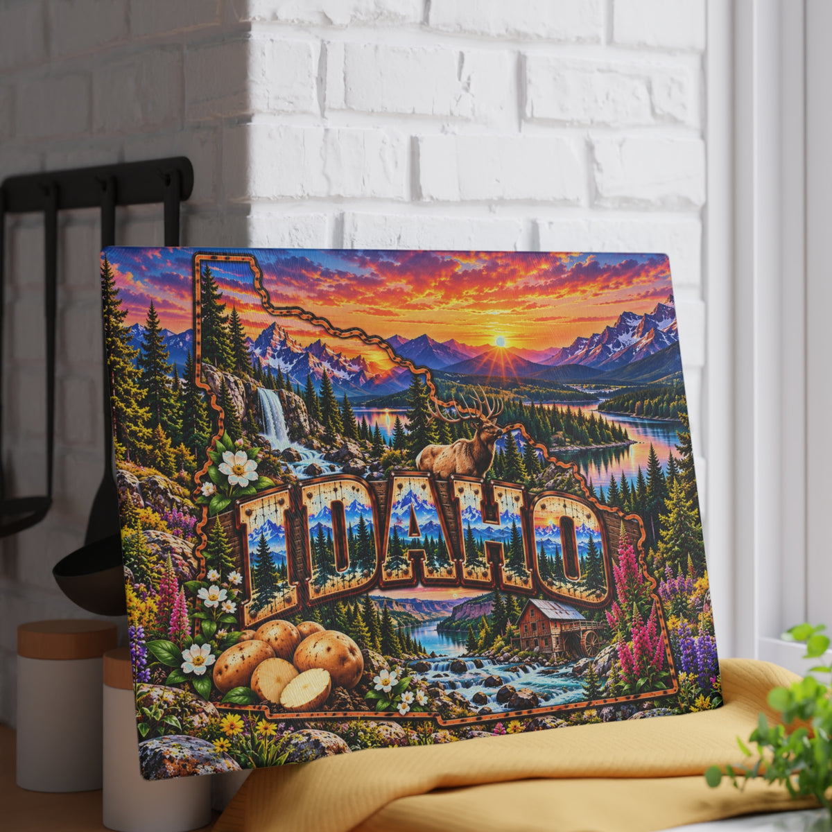 Idaho Glass Cutting Board – Idaho State Map, Rocky Mountains, Elk, Waterfalls, Potatoes & Mountain Sunset Kitchen Décor