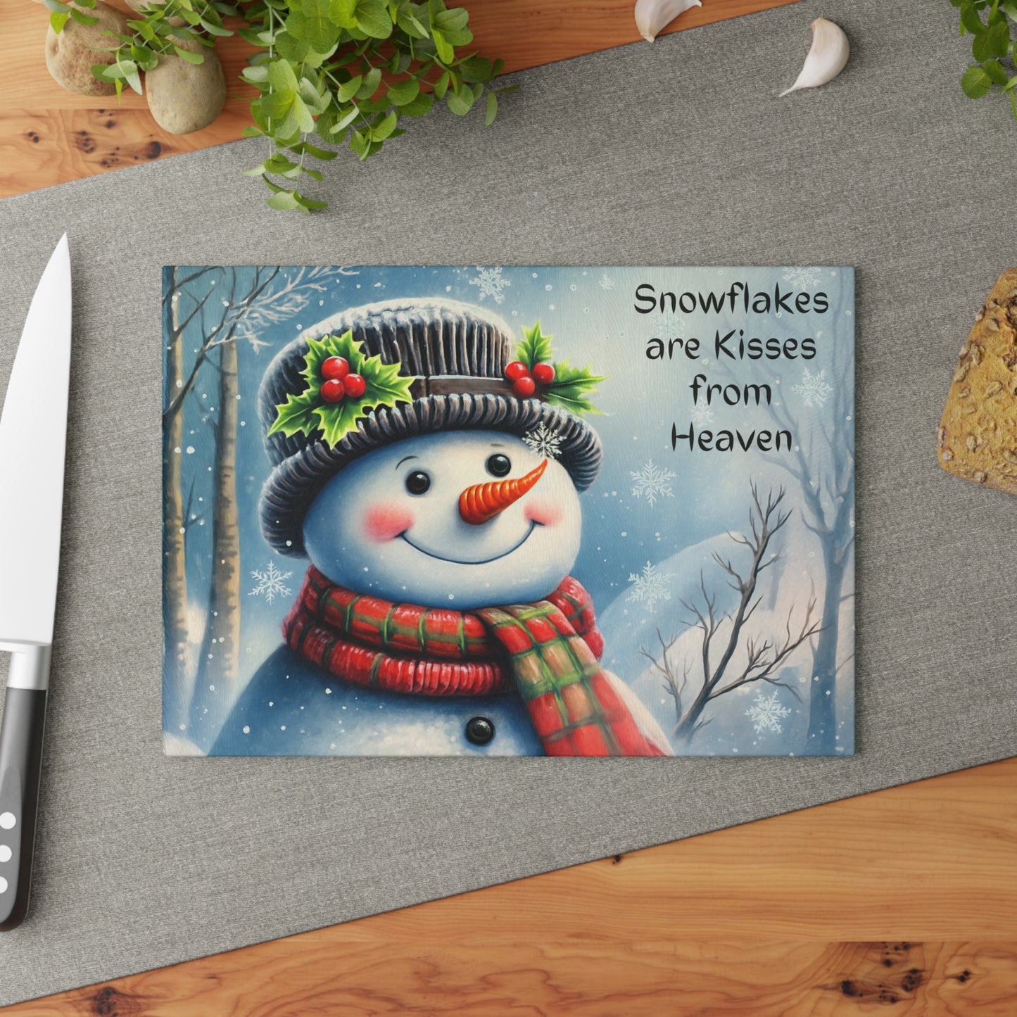 ⛄️❄️ “Snowflakes Are Kisses from Heaven” Tempered Glass Board – Cozy Winter Smiles