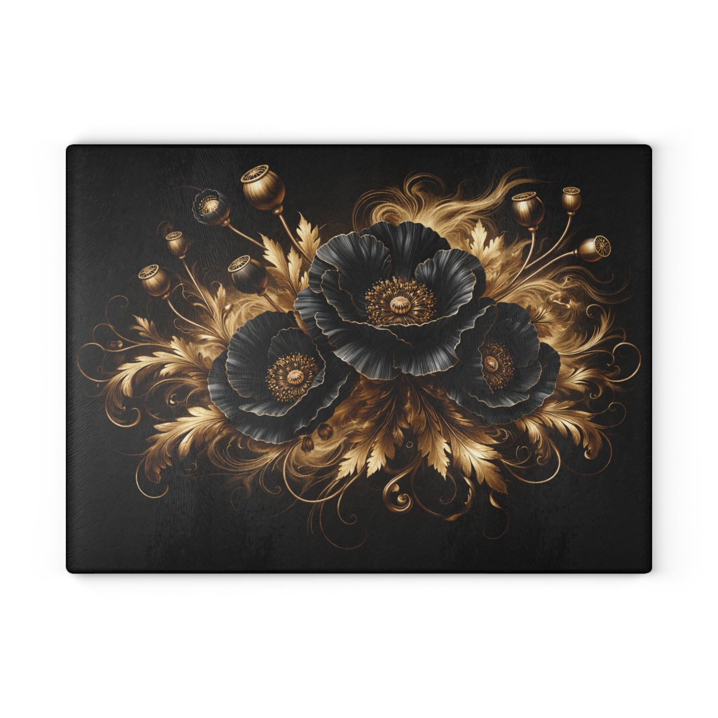 Black & Gold Floral Glass Cutting Board – Elegant Personalized Kitchen Cutting Board