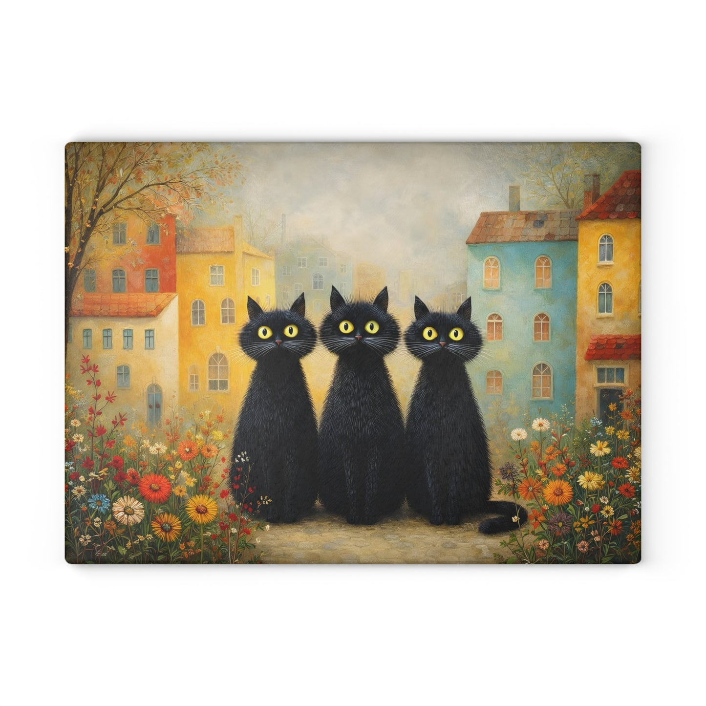 Whimsical Black Cats Village Scene Glass Cutting Board – Storybook Kitchen Art