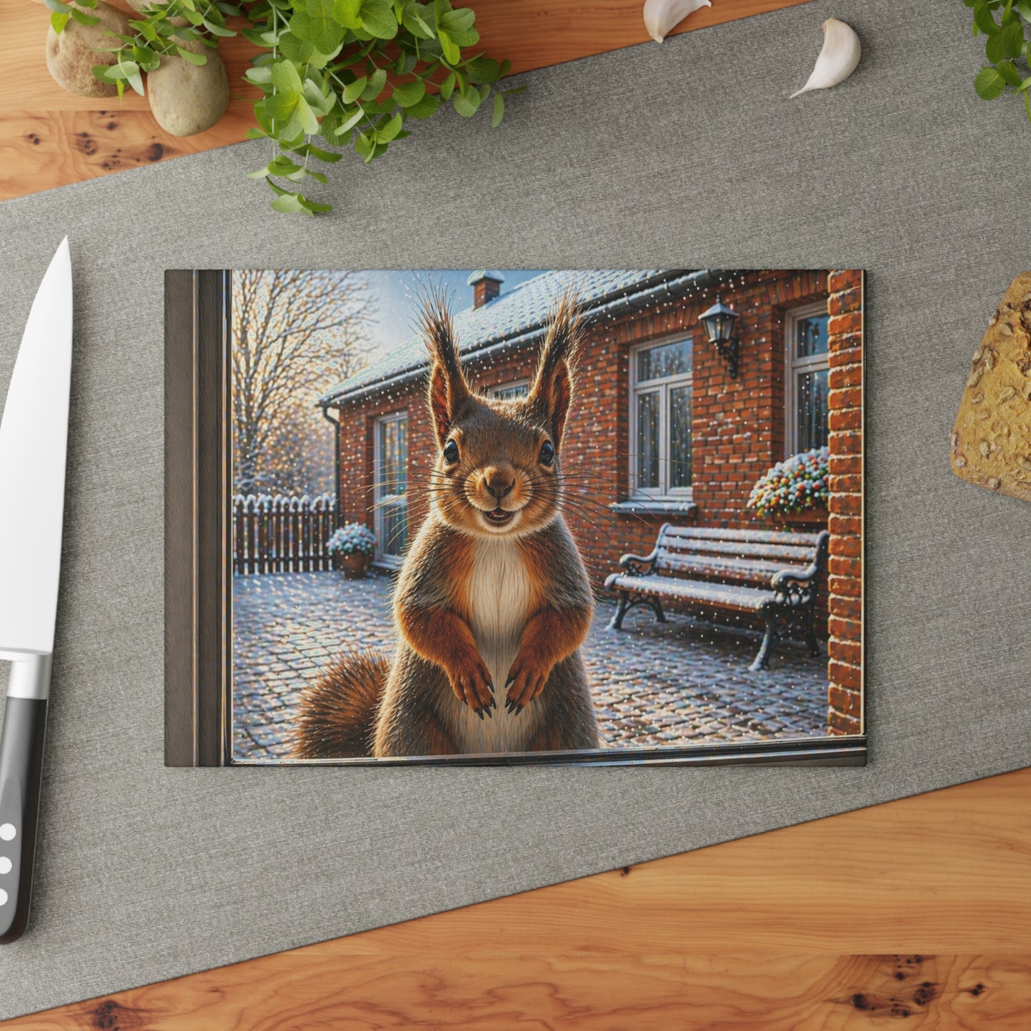 Winter Squirrel Window Glass Cutting Board