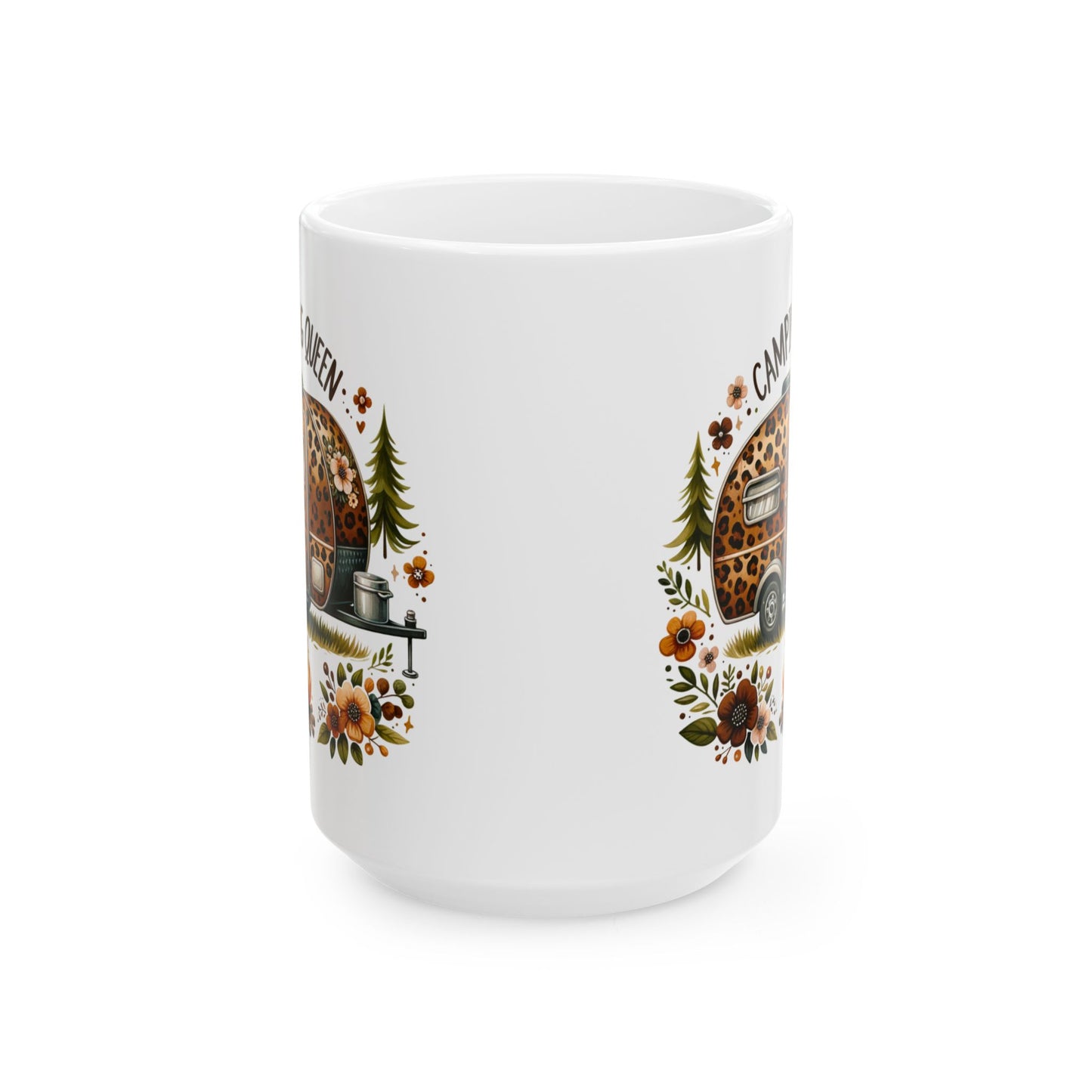 🏕️ Camping Queen – Leopard Print Camper Coffee Mug 🌸