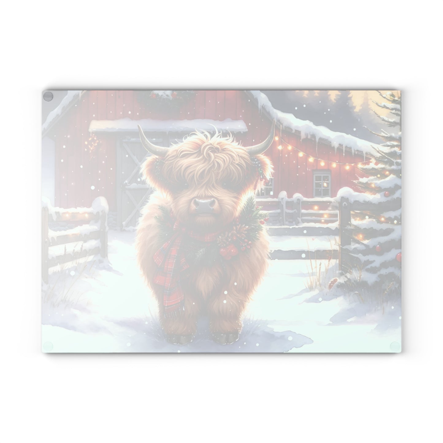 🐮❄️ “Cozy Highland Holiday Cow” Glass Cutting Board – Winter Charm for Your Kitchen