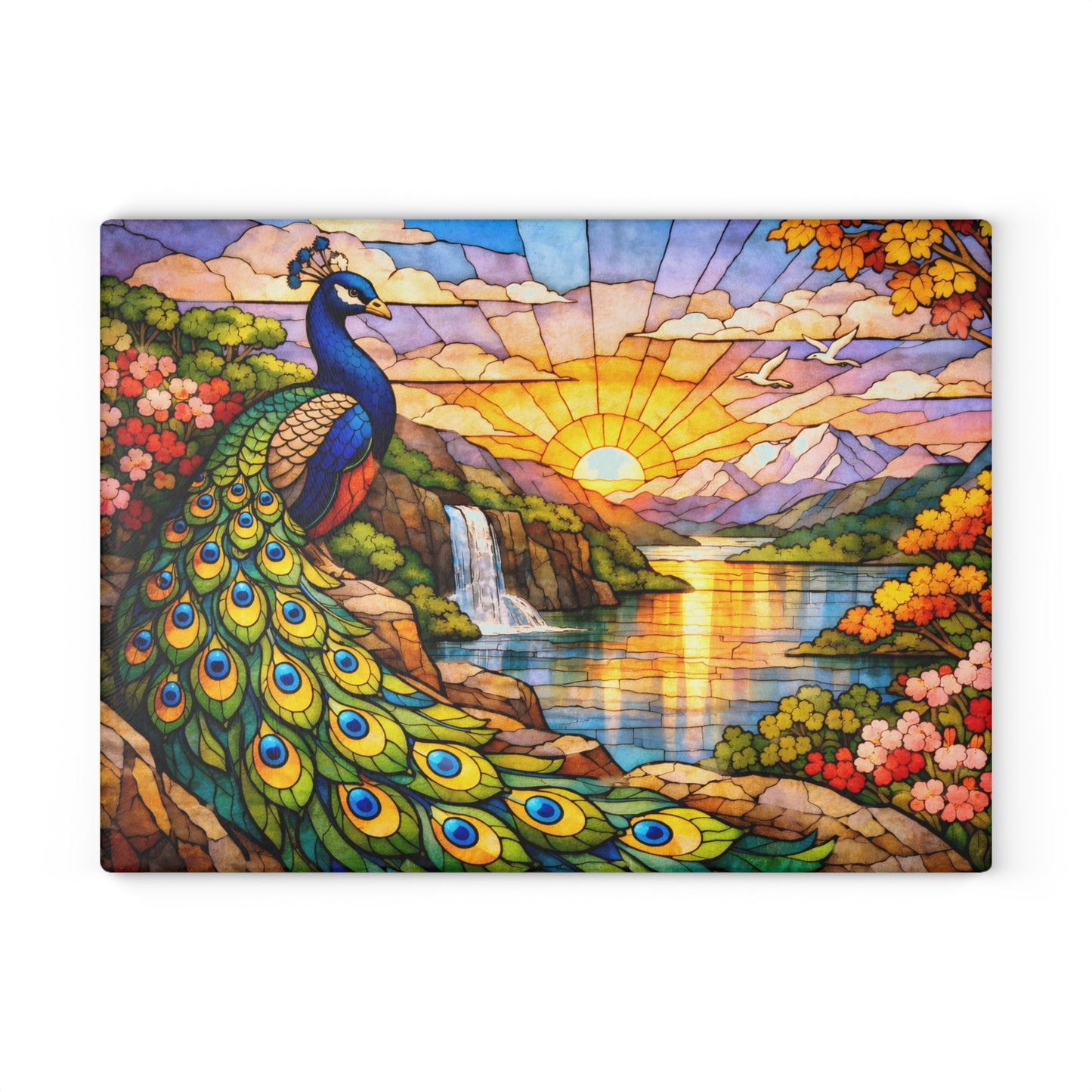 Stained Glass Style Peacock Landscape Glass Cutting Board – Colorful Nature Art Kitchen Decor