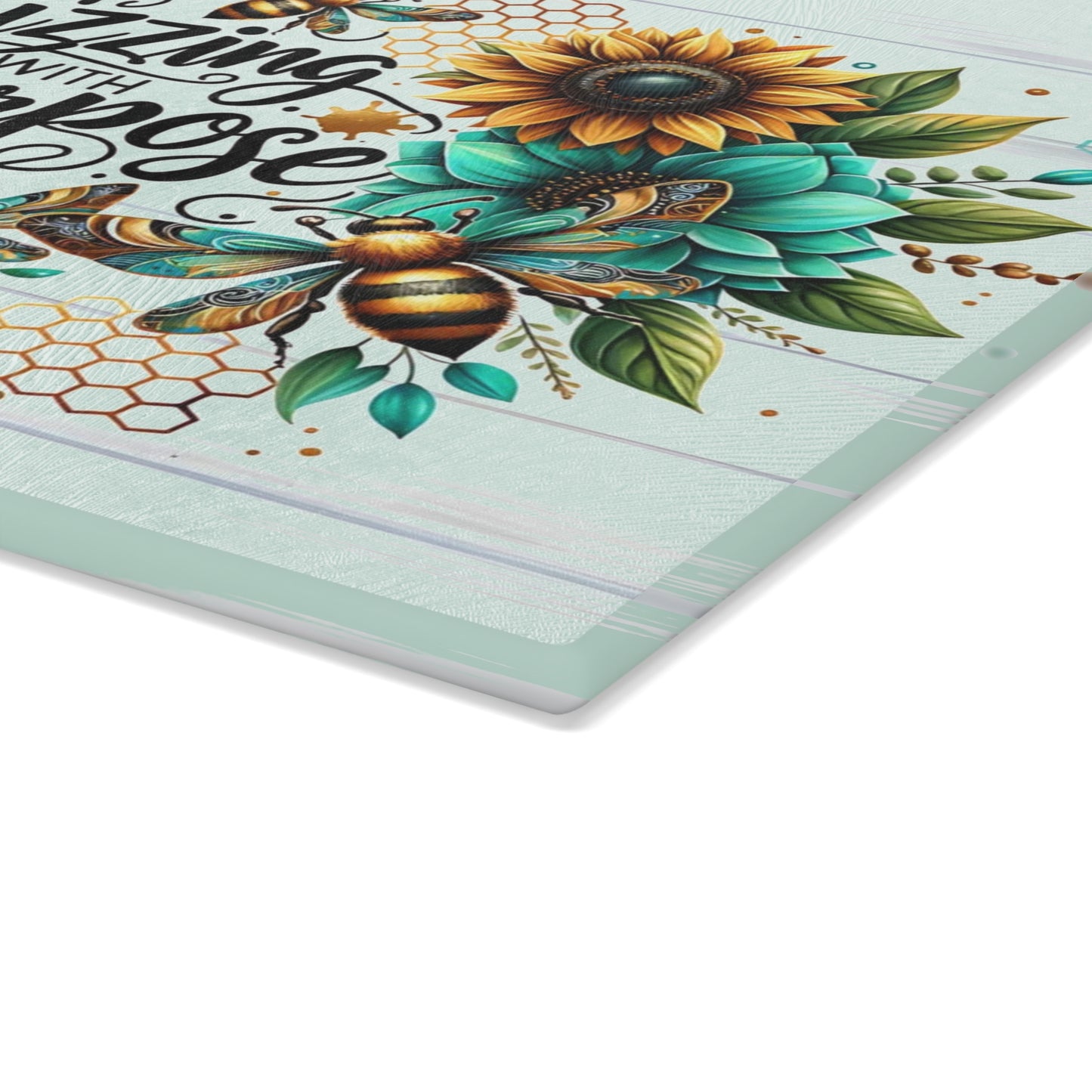Buzzing with Purpose Glass Cutting Board – Uplifting Floral Bee Design for Your Kitchen