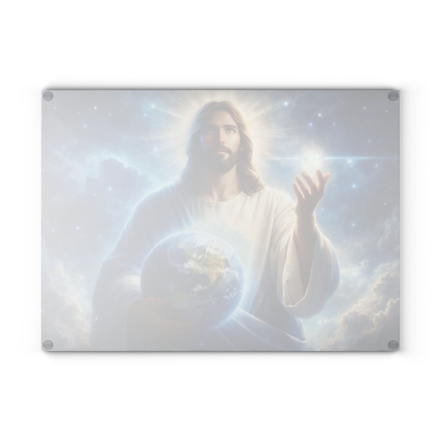 King of Creation Glass Cutting Board – Faith-Inspired Artwork Holding the World