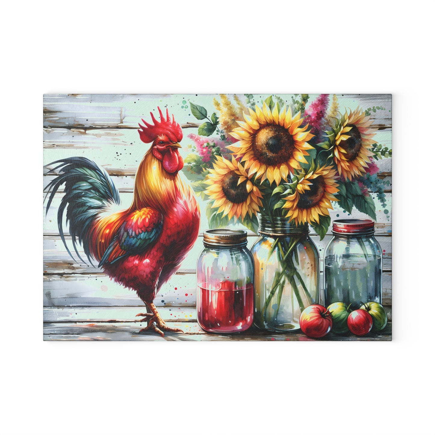 🐓 Bold Rooster & Mason Jar Cutting Board – Rustic Sunflower Farmhouse Decor