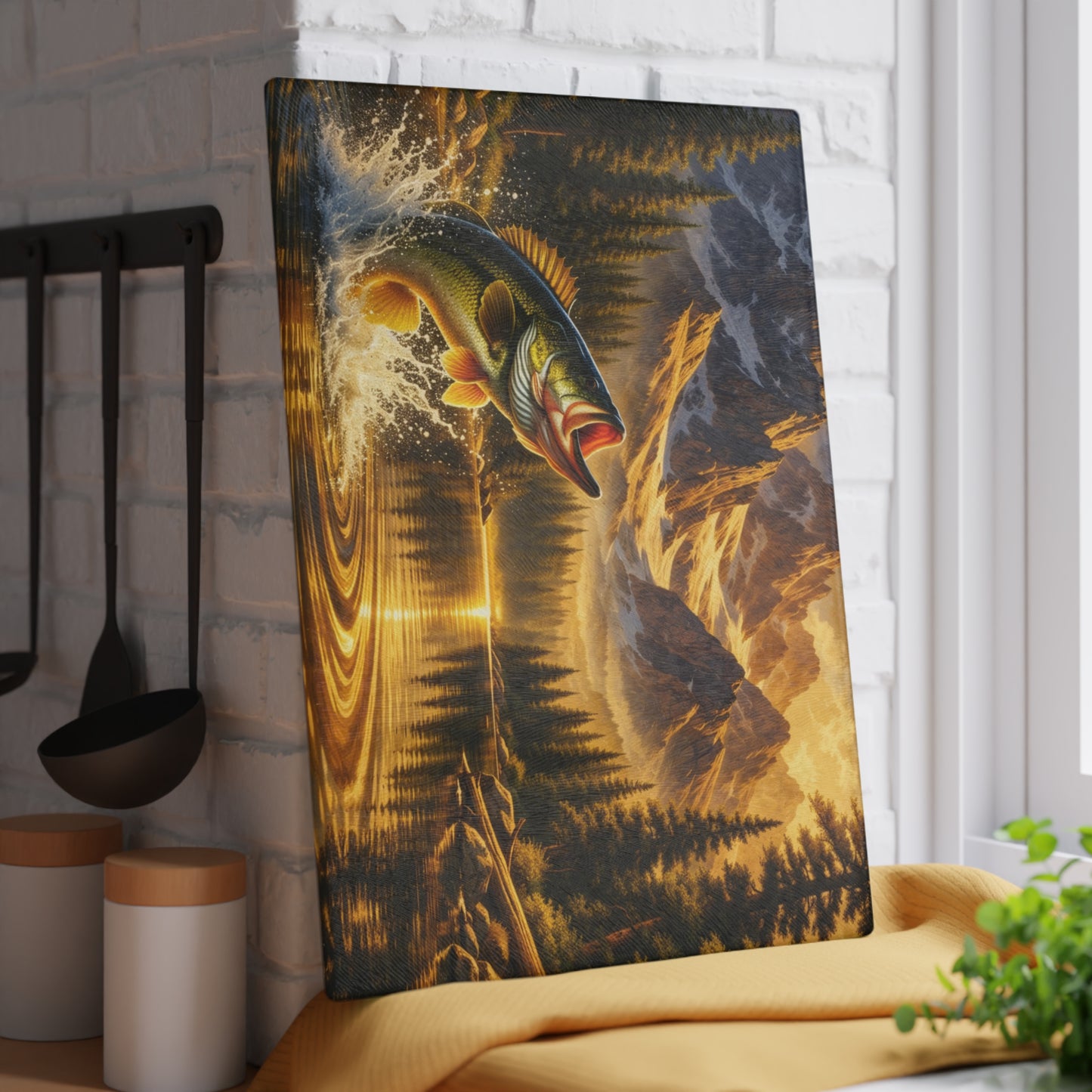 Golden Mountain Bass Glass Cutting Board – Rustic Fishing Lake Landscape Kitchen Art