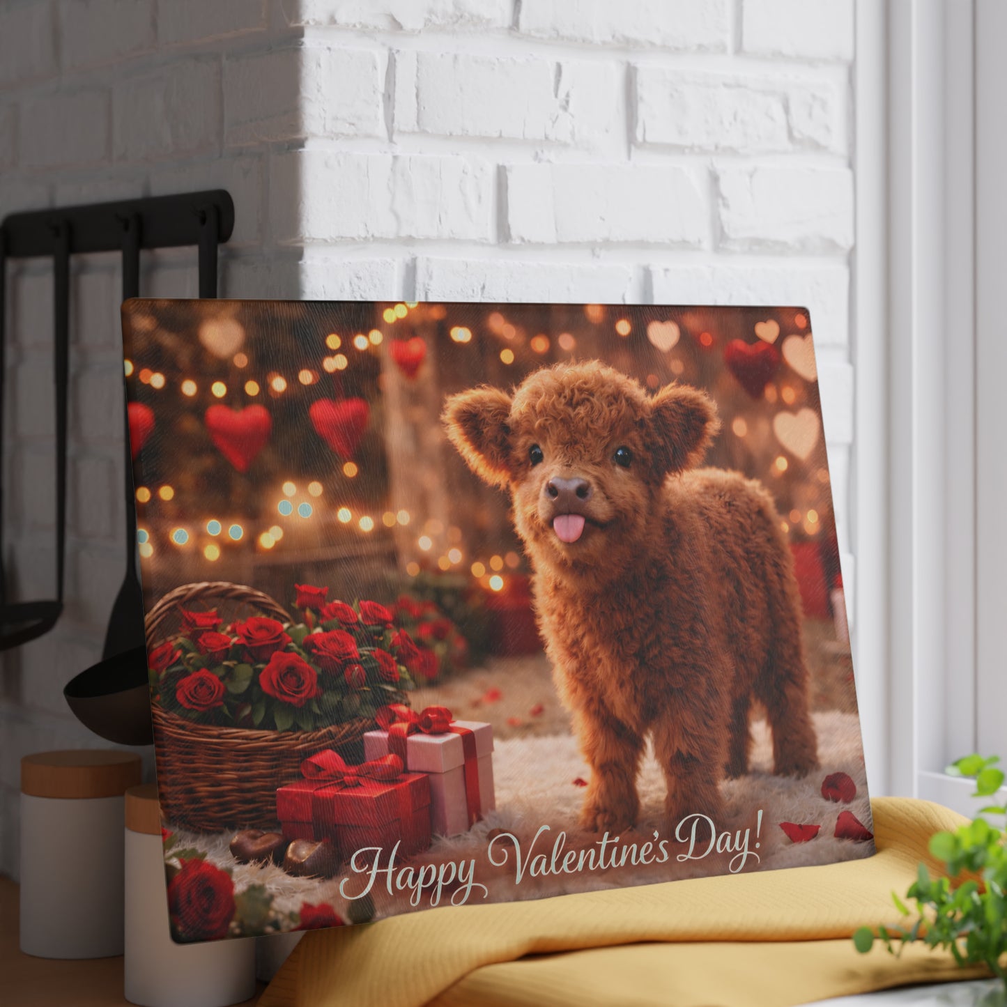 Valentine Highland Calf Glass Cutting Board – Sweet Farmhouse Love Scene Kitchen Accent