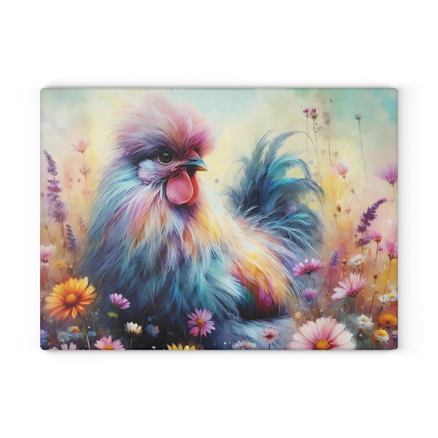 🌸🐔 Chicken in a Field of Wildflowers Glass Cutting Board – Serene & Charming Kitchen Accent