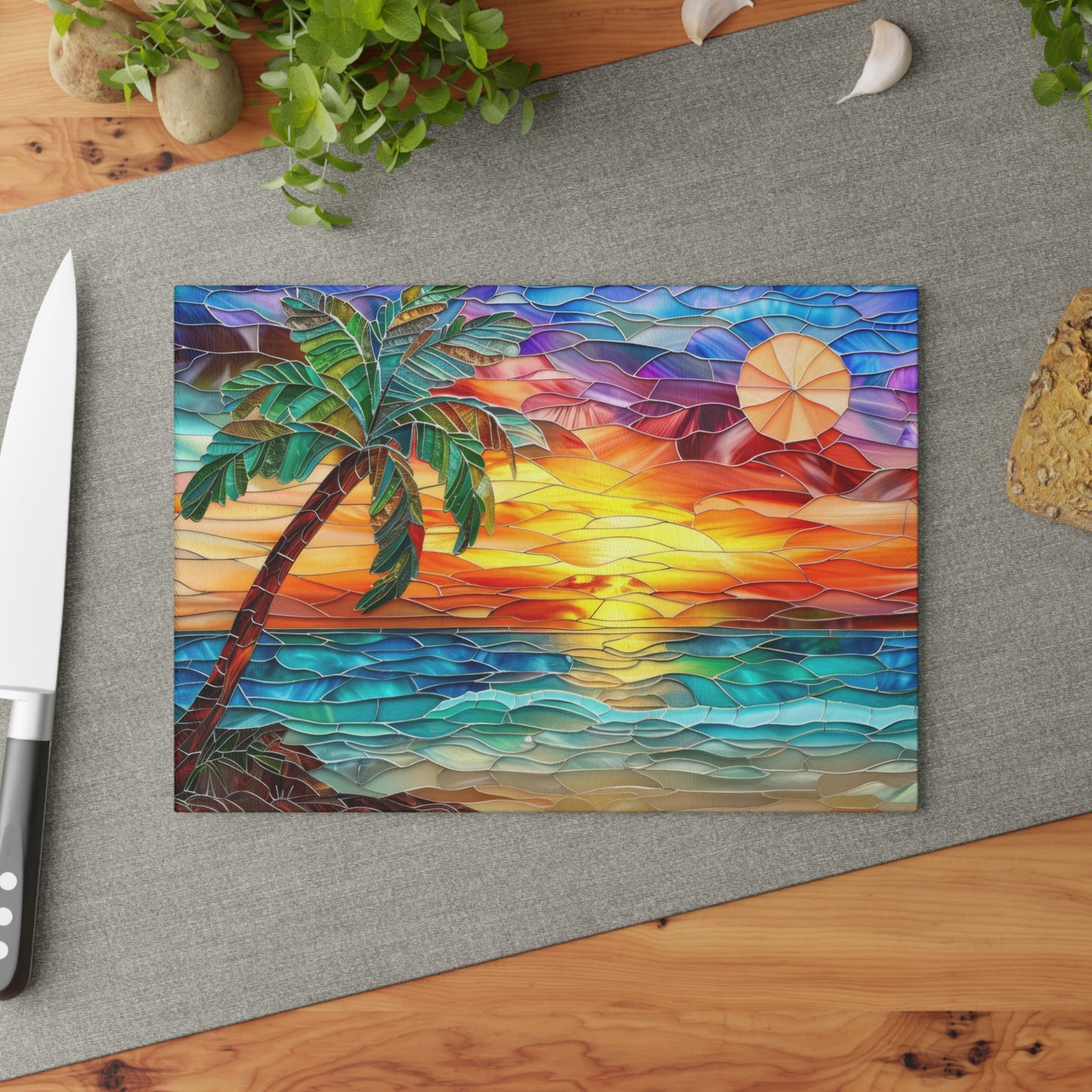 🌅🌴 Stained Glass look like Sunset Beach Cutting Board – Coastal Artistry for Your Kitchen 🌊