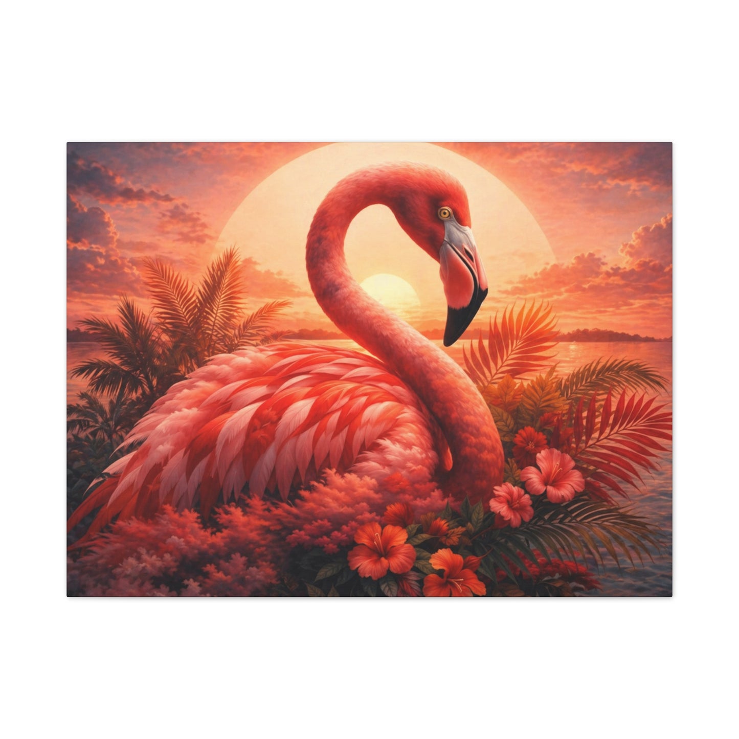 Large Flamingo Sunset Canvas Wall Art – Tropical Coastal Beach Décor