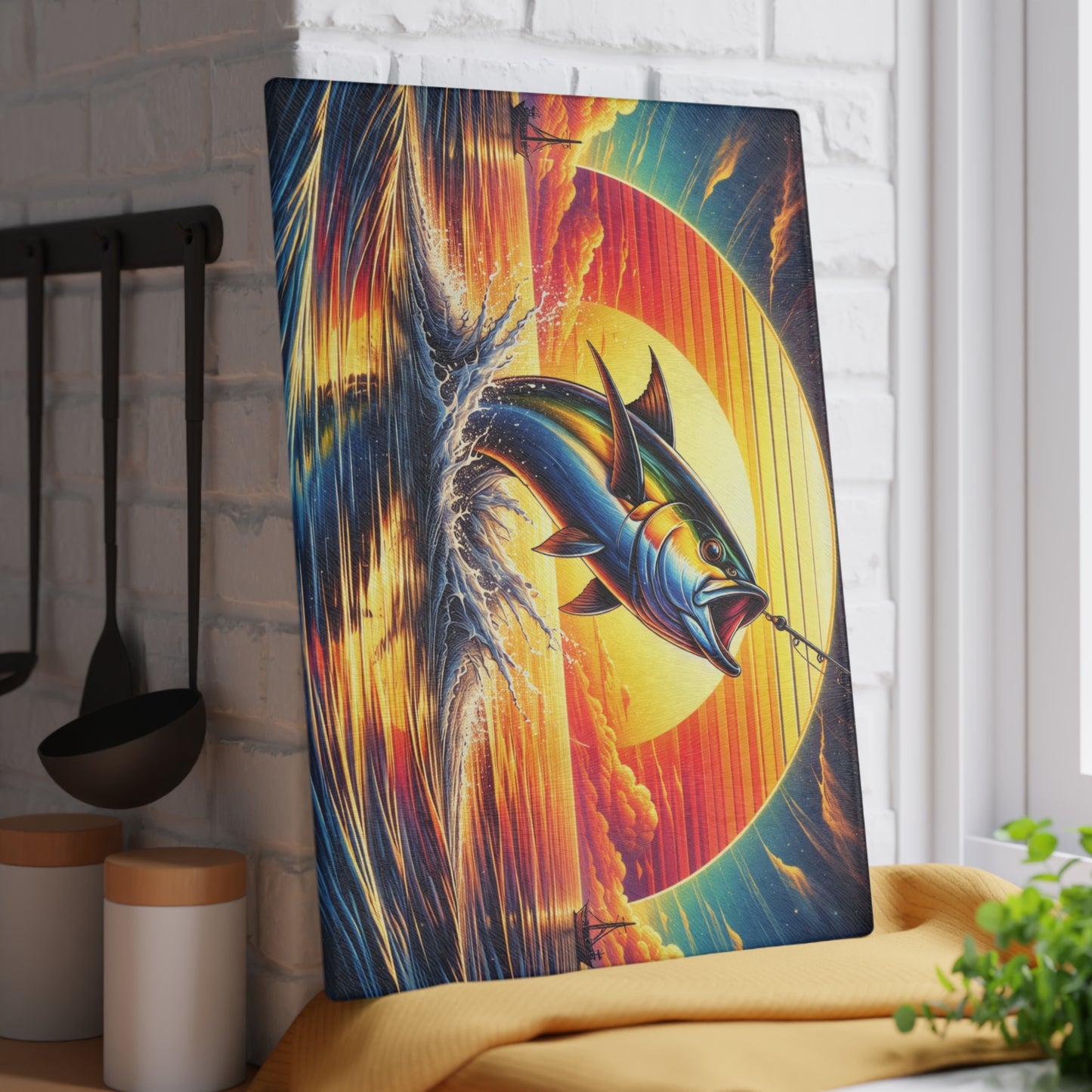 Retro Sunset Fishing Glass Cutting Board – Vibrant Ocean Angler Kitchen Art