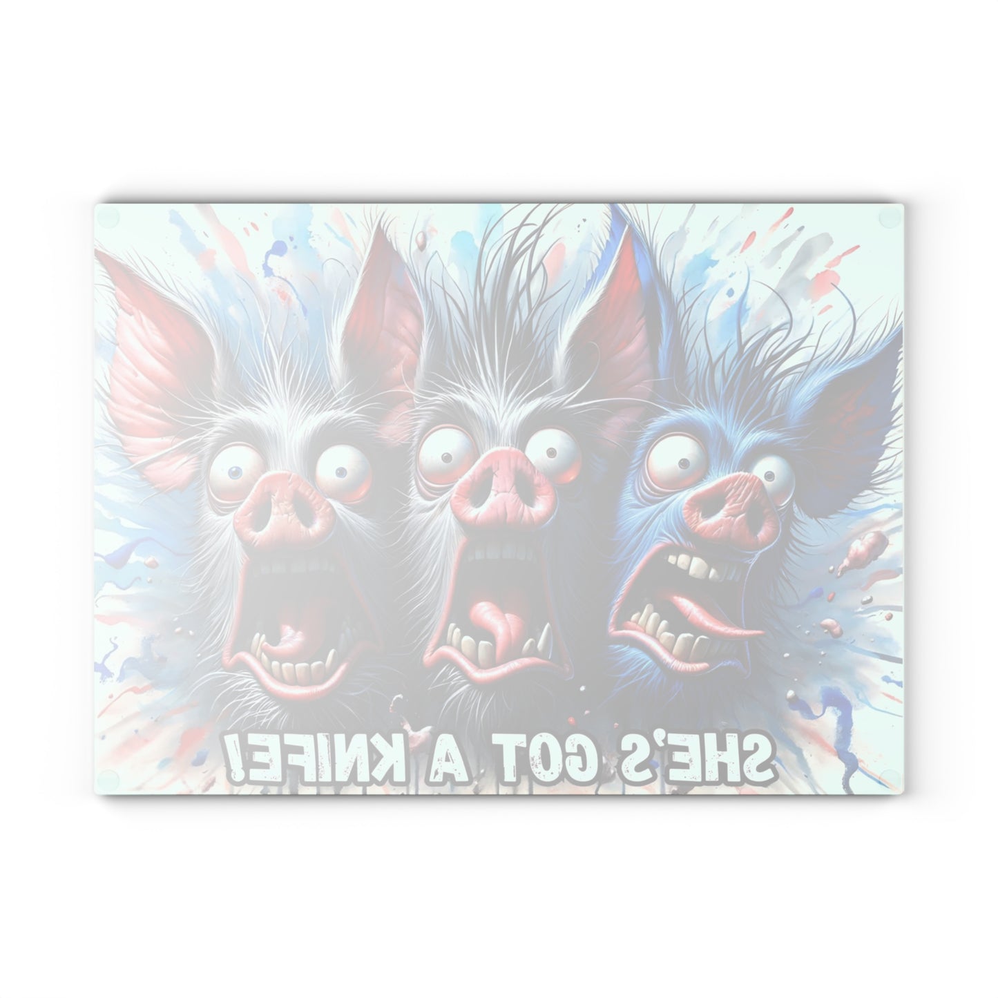 🐷🔪 “She’s Got a Knife!” Glass Cutting Board – Hilariously Spooky Farmhouse Vibes