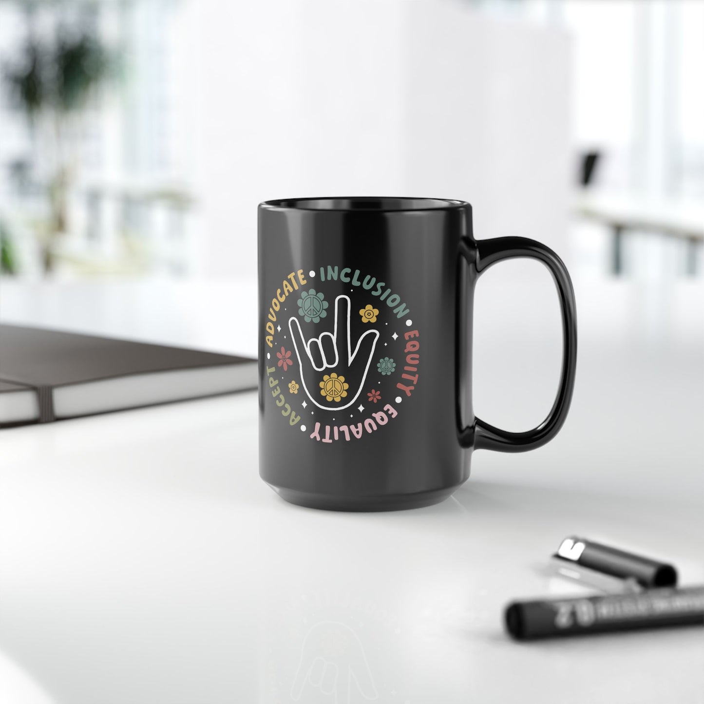 🤟 Advocate • Inclusion • Equity • Equality • Accept – Black Ceramic Mug (15oz)