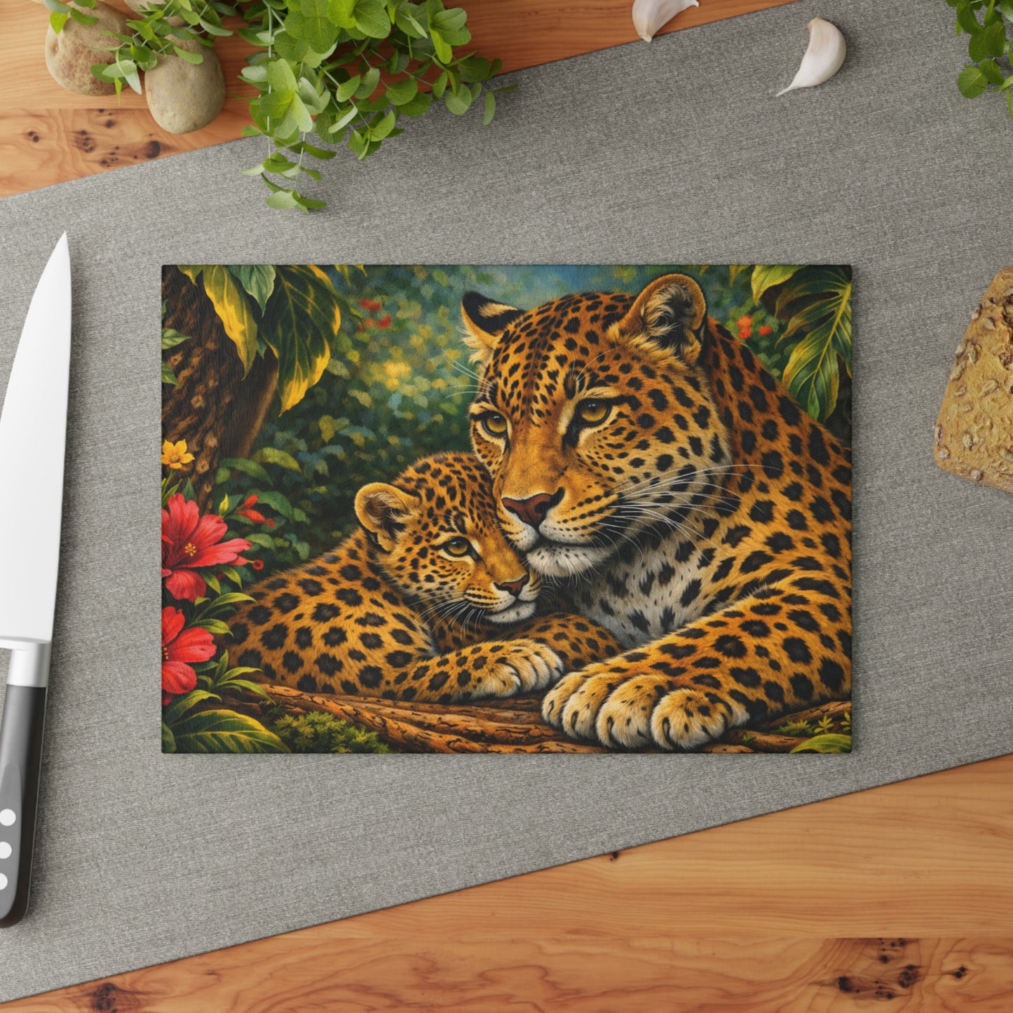 Leopard Mother and Cub Glass Cutting Board – Jungle Wildlife Family Artwork