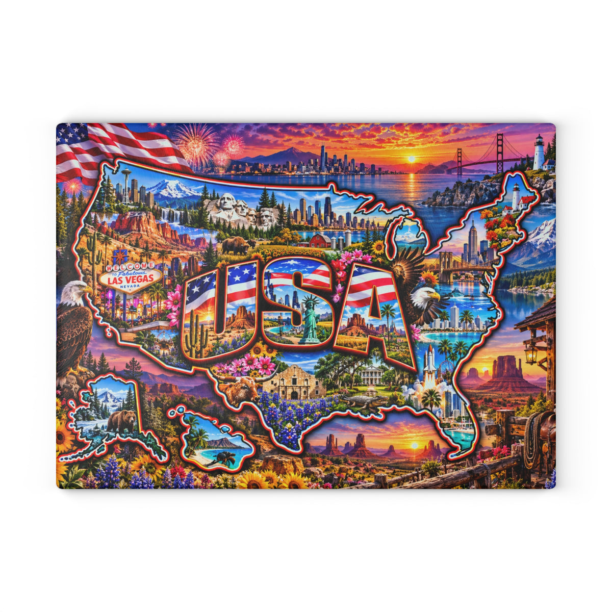 USA Map Cutting Board – Colorful American Landmarks, Patriotic Flag, National Parks & Scenic United States Kitchen Décor