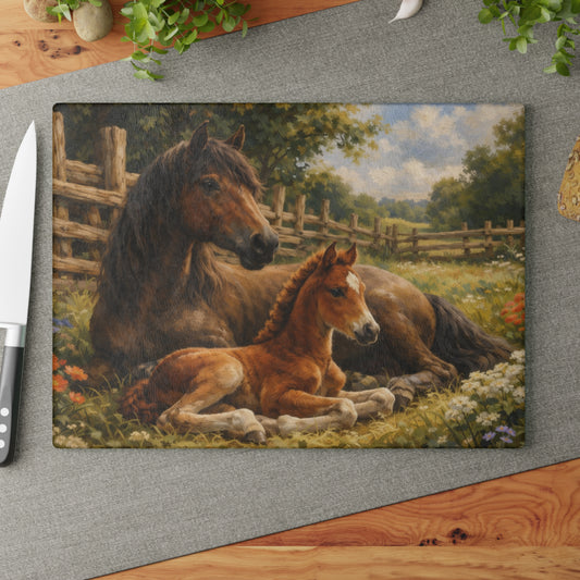 Mare and Foal Glass Cutting Board – Horse Lover Farmhouse Kitchen Decor