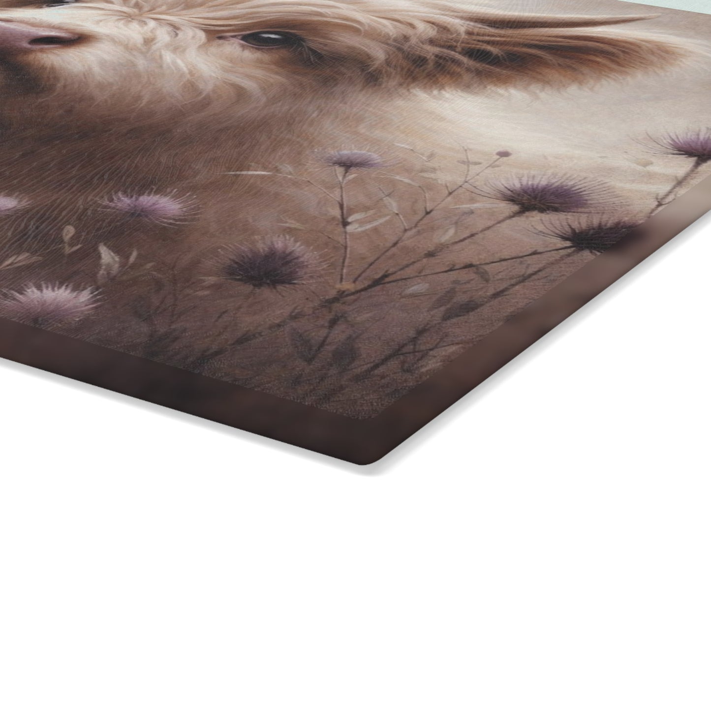 Gentle Highland Calf Glass Cutting Board – Soft Farmhouse Kitchen Art with Floral Accents