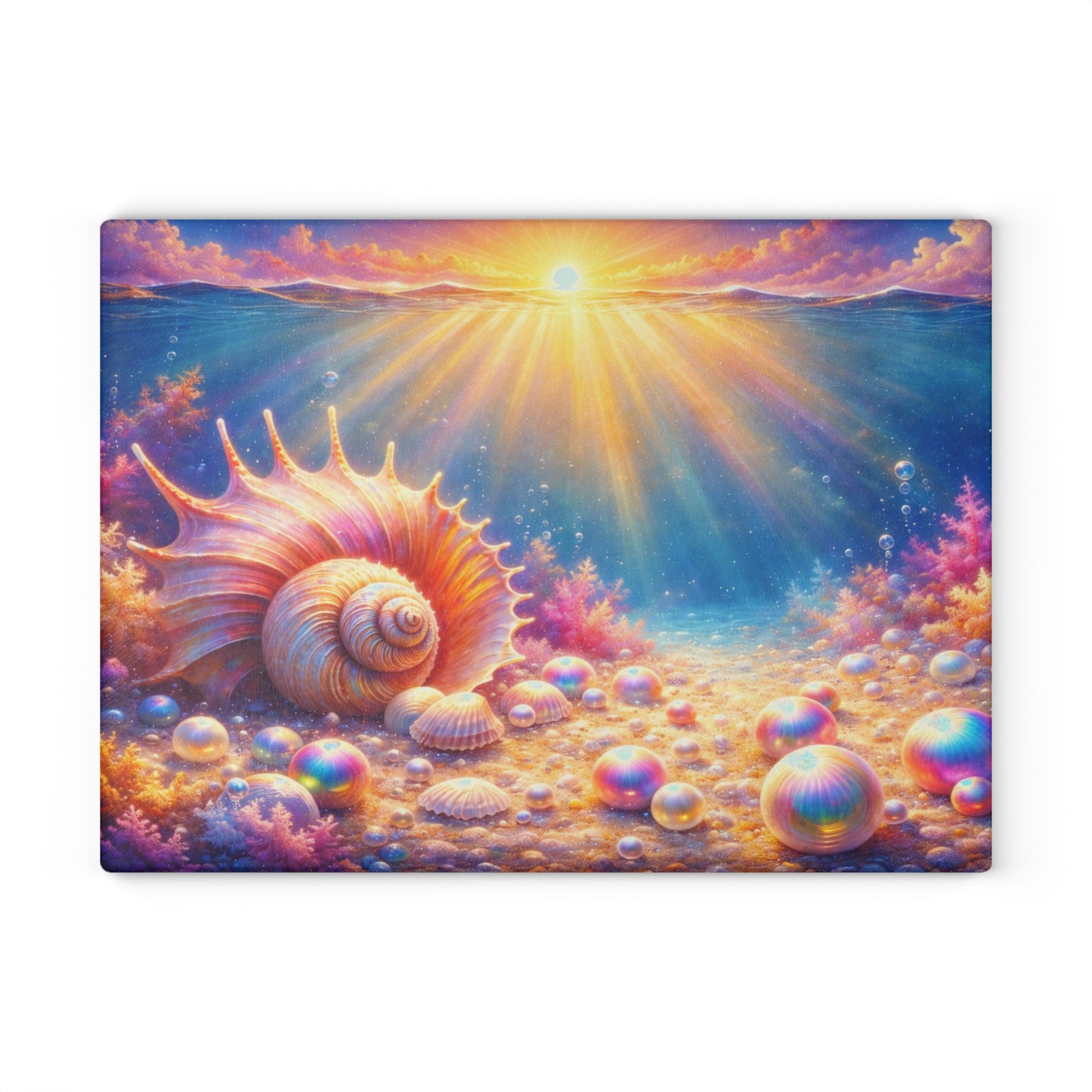 Ocean Sunrise Seashell Glass Cutting Board – Colorful Coastal Kitchen Art