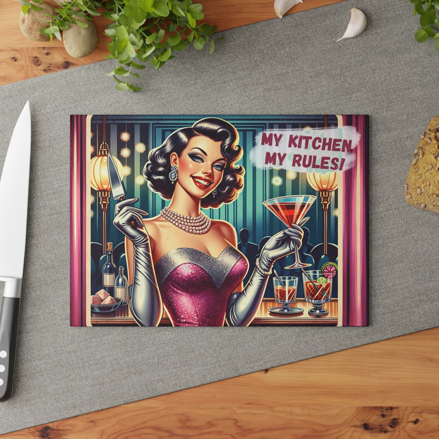 🍸💋 “My Kitchen, My Rules!” Retro Glam Glass Cutting Board – Sassy Vintage Bar Vibes