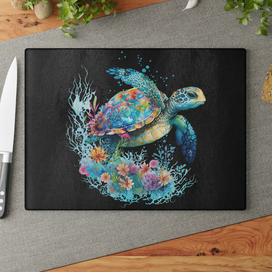 Tabla de cortar de vidrio con diseño de tortuga marina | Decoración de cocina con ambiente costero y oceánico