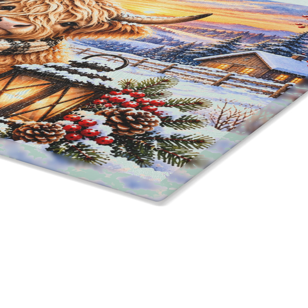 Winter Highland Cow Tempered Glass Cutting Board – Cozy Plaid Scarf Snowy Farmhouse Art – 11 × 15 Inches