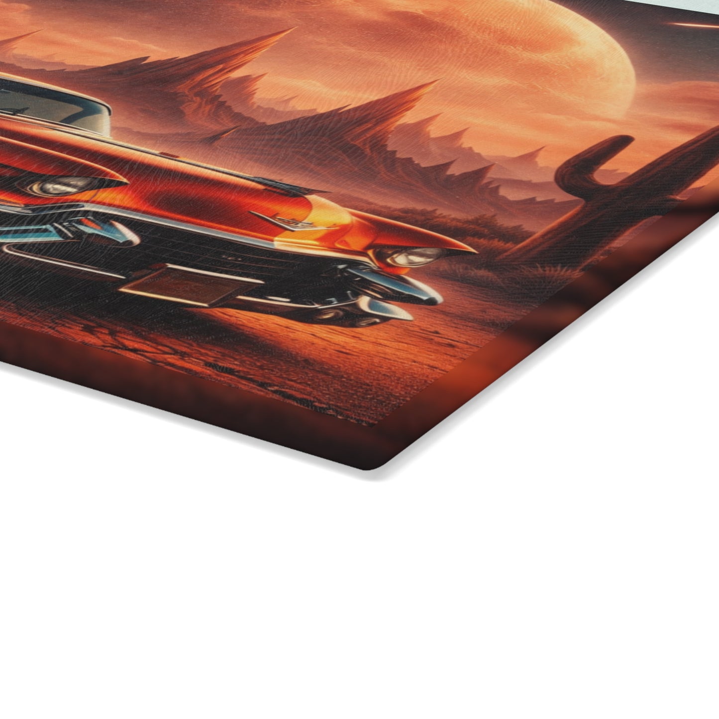 Inferno Desert Drive Glass Cutting Board – Flaming Classic Car Under Cosmic Desert Moon